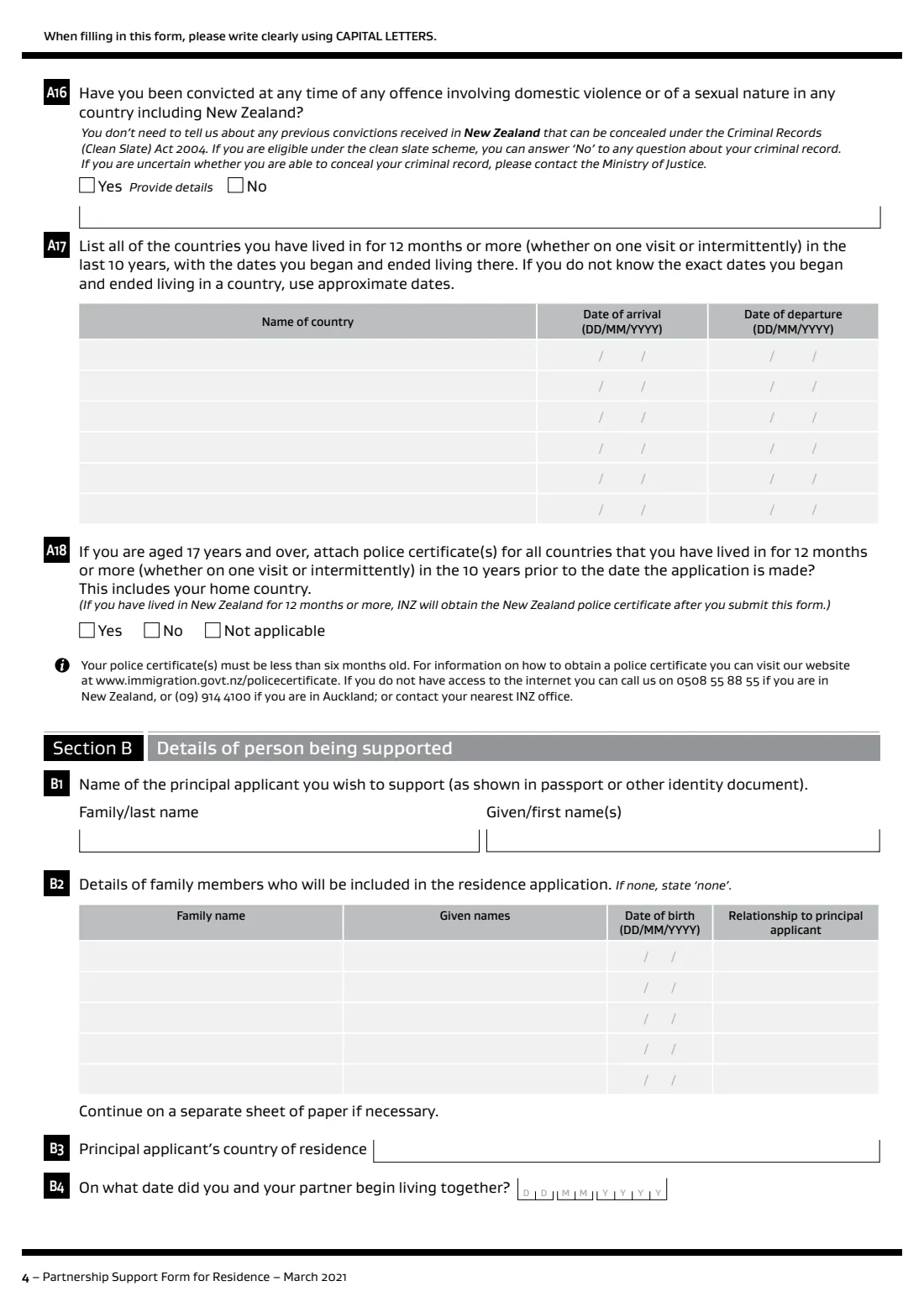INZ 1178 partnership support for residence (2021) Partnership Support Form for Residence (INZ 1178) — page 4 of 8