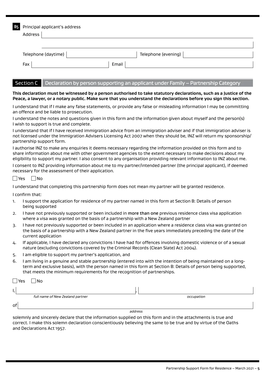 INZ 1178 partnership support for residence (2021) Partnership Support Form for Residence (INZ 1178) — page 5 of 8