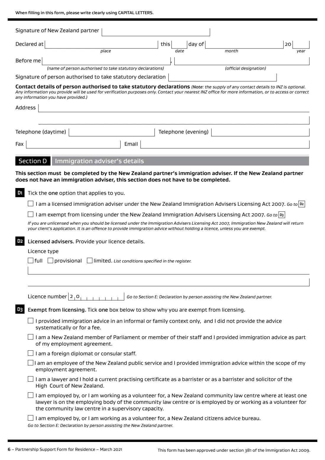 INZ 1178 partnership support for residence (2021) Partnership Support Form for Residence (INZ 1178) — page 6 of 8