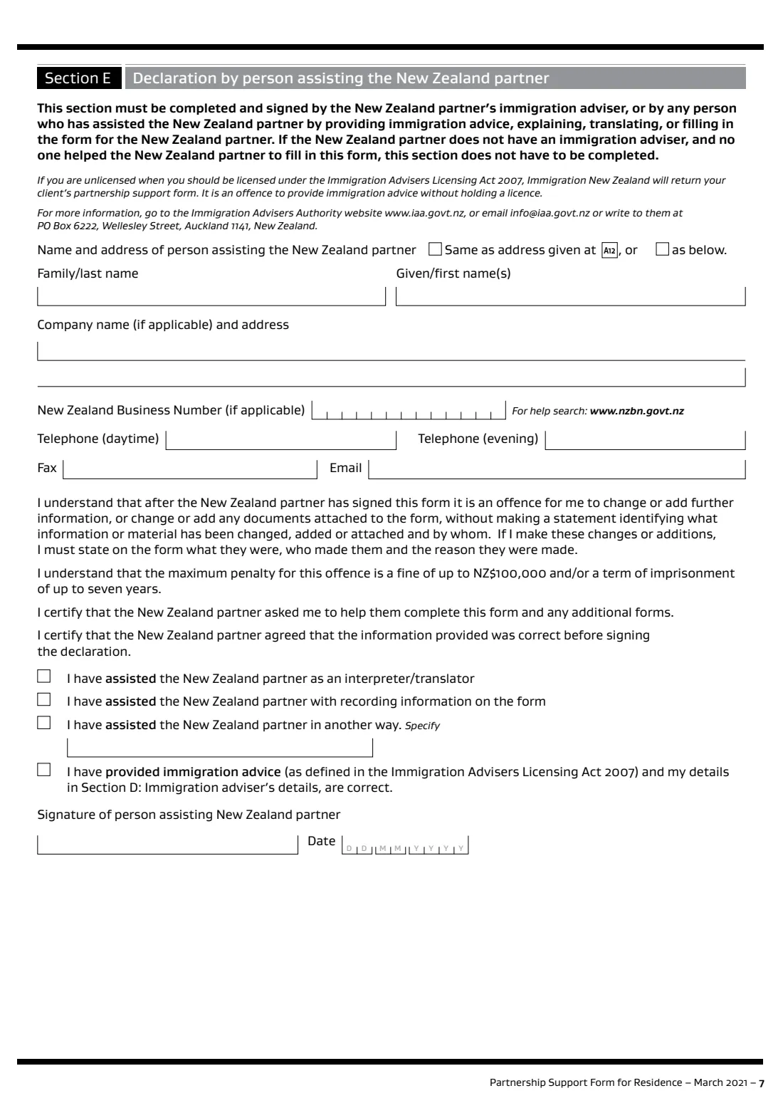 INZ 1178 partnership support for residence (2021) Partnership Support Form for Residence (INZ 1178) — page 7 of 8