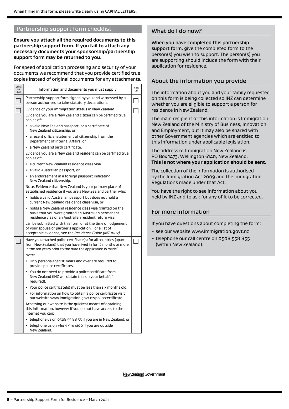 INZ 1178 partnership support for residence (2021) Partnership Support Form for Residence (INZ 1178) — page 8 of 8