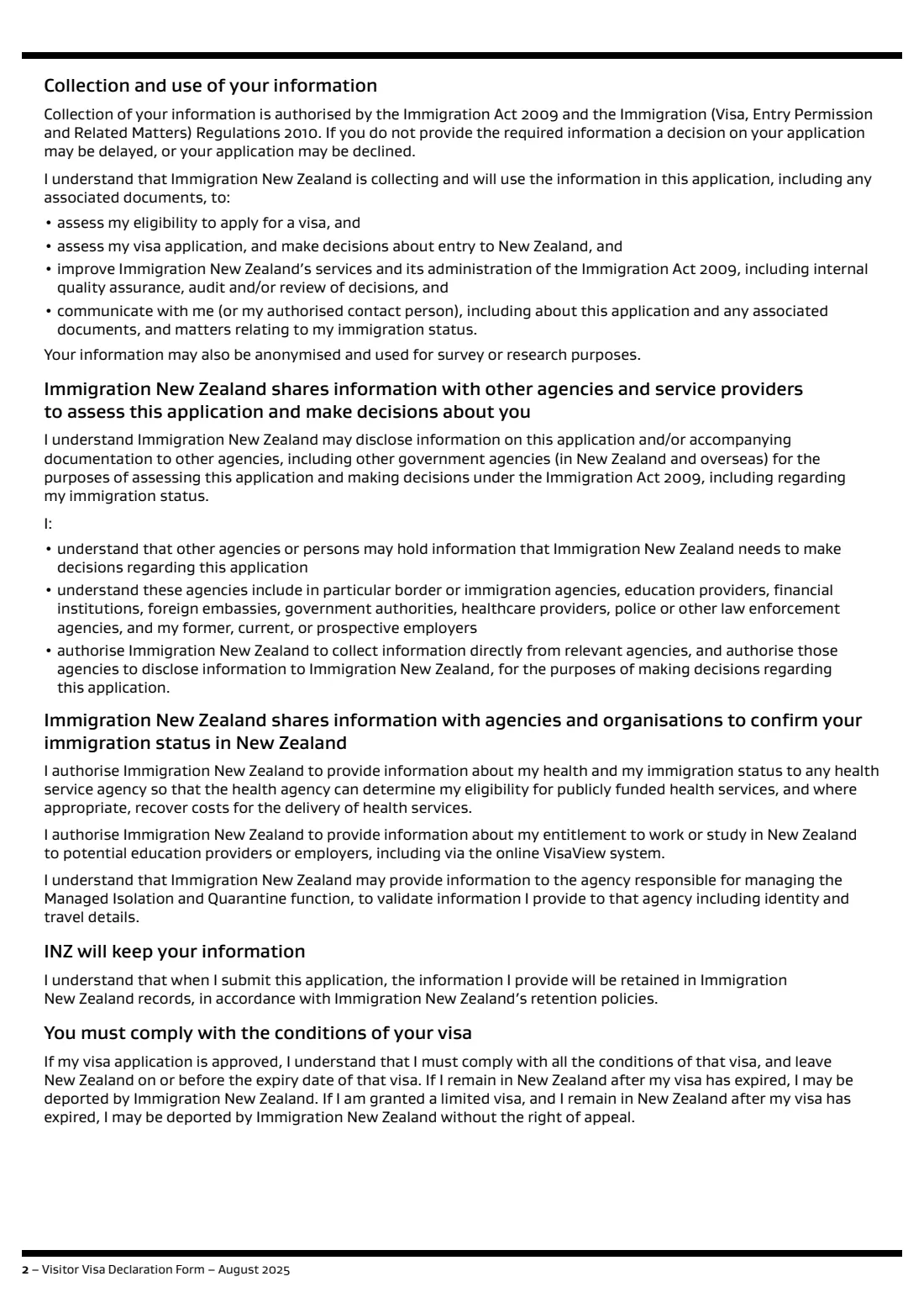 INZ 1224 visitor visa declaration (2025) Visitor Visa Declaration Form (INZ 1224) — page 2 of 4