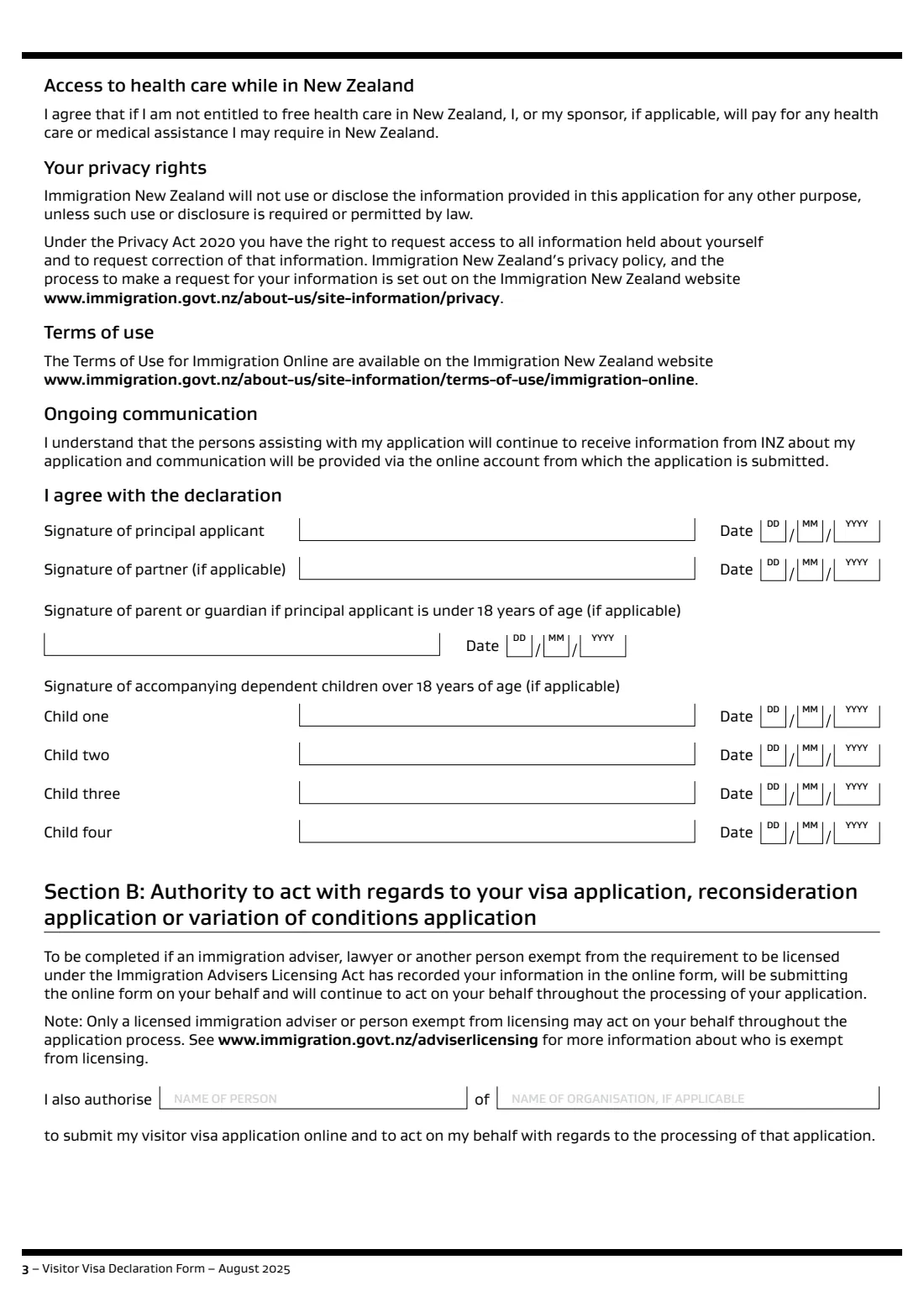 INZ 1224 visitor visa declaration (2025) Visitor Visa Declaration Form (INZ 1224) — page 3 of 4