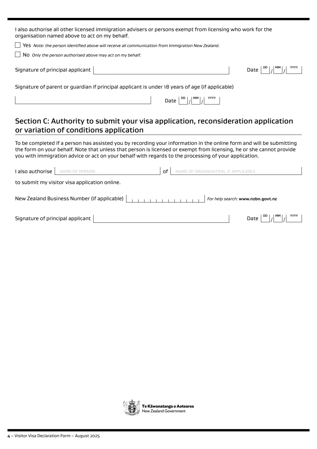 INZ 1224 visitor visa declaration (2025) Visitor Visa Declaration Form (INZ 1224) — page 4 of 4