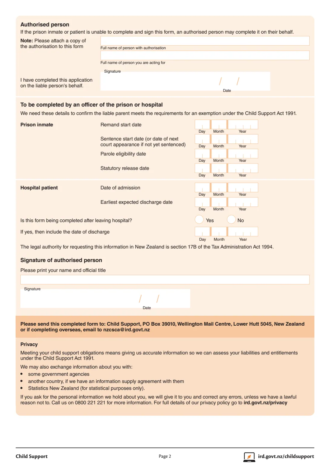 IR105 Child support prisoner / hospital exemption (2021) Prisoner and hospital patient exemption - application — page 2 of 2