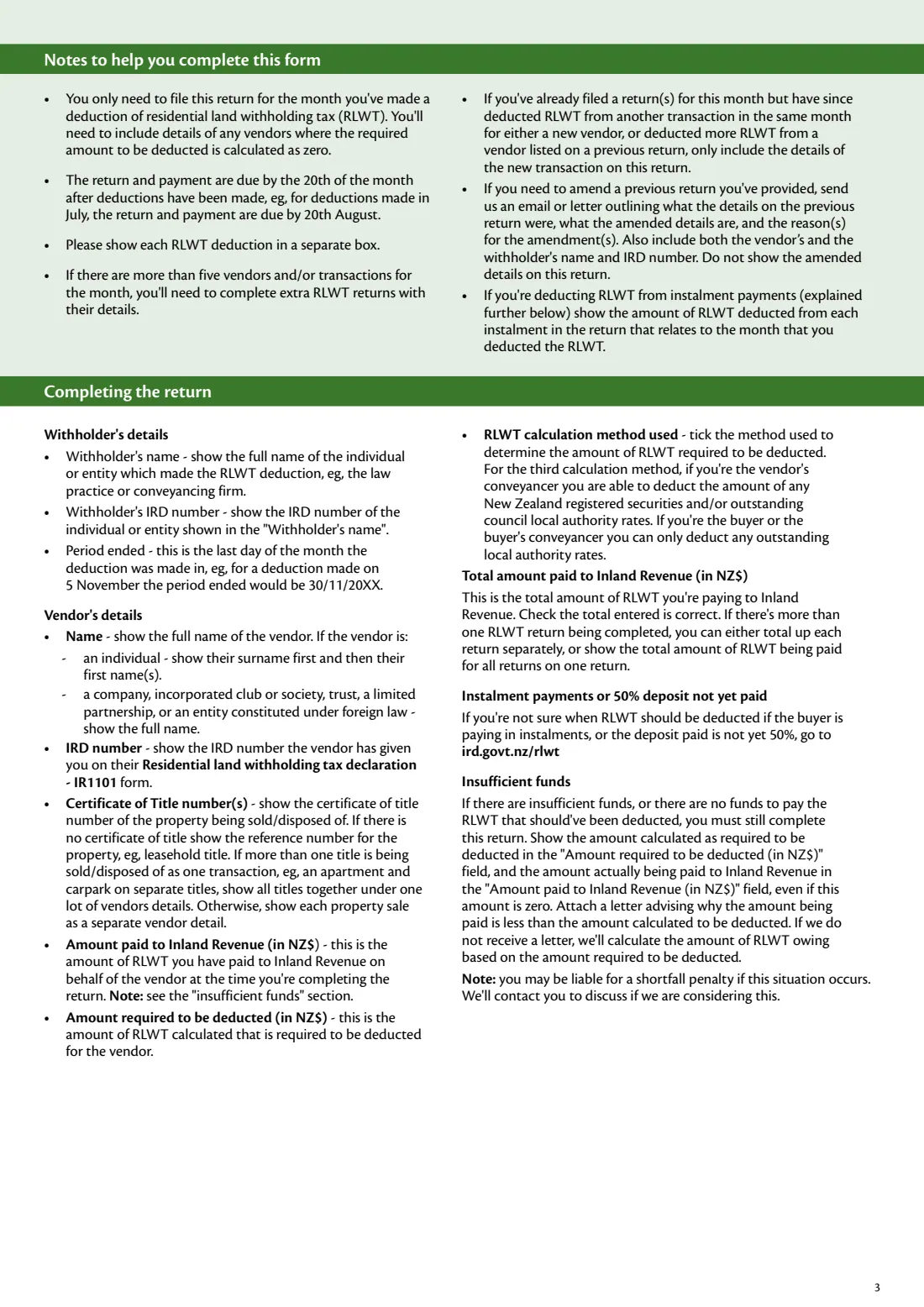 IR1100 RLWT return (2022) Residential land withholding tax (RLWT) return — page 3 of 4