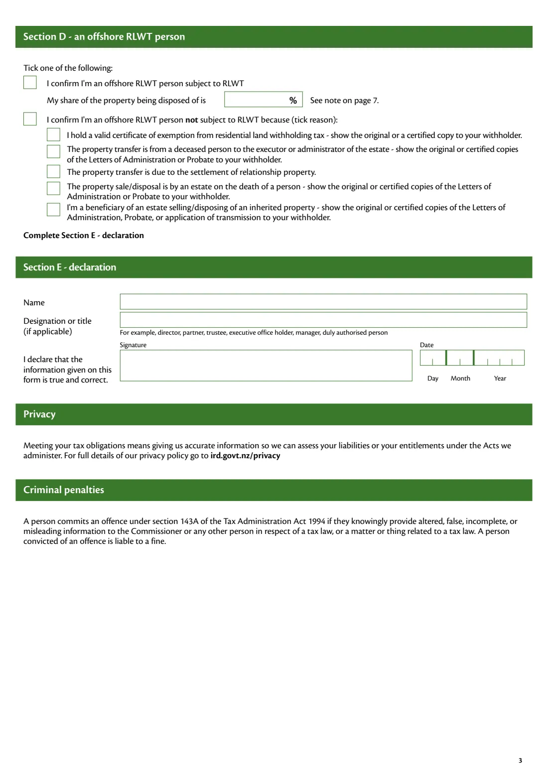 IR1101 RLWT declaration (2026) Residential land withholding tax (RLWT) declaration — page 3 of 7