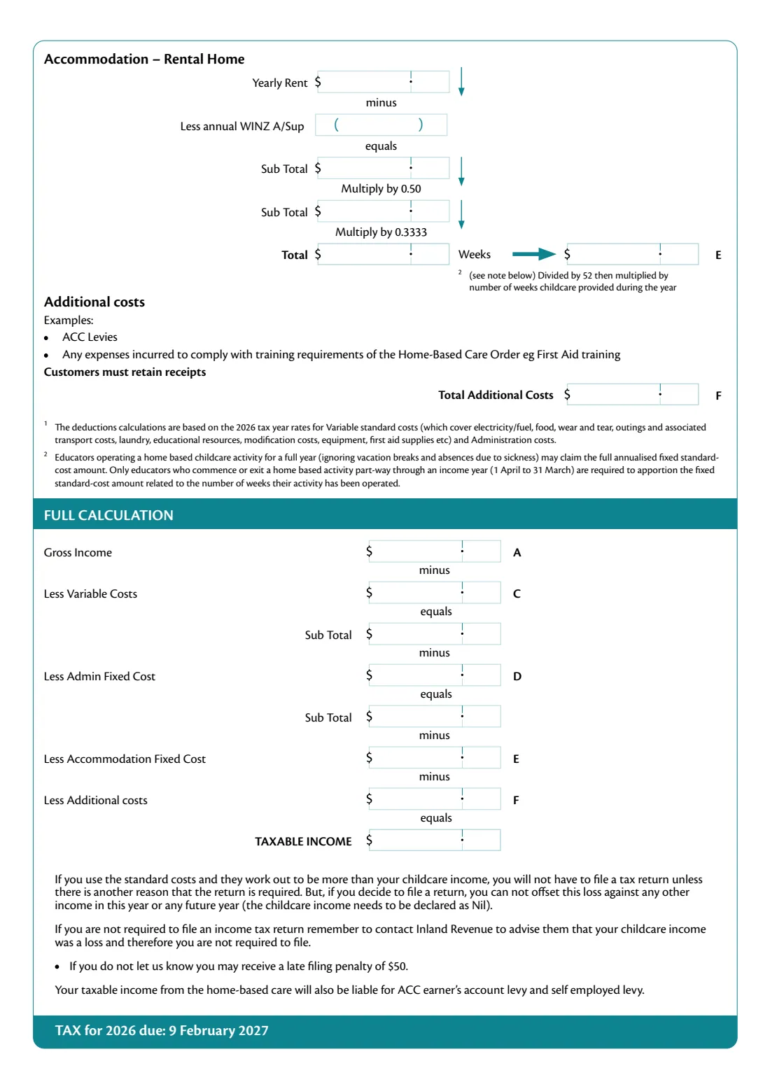 IR413 Home-based childcare worksheet 2026 (2026) Home based child care 2026 year: worksheet for carers to calculate taxable income — page 2 of 2