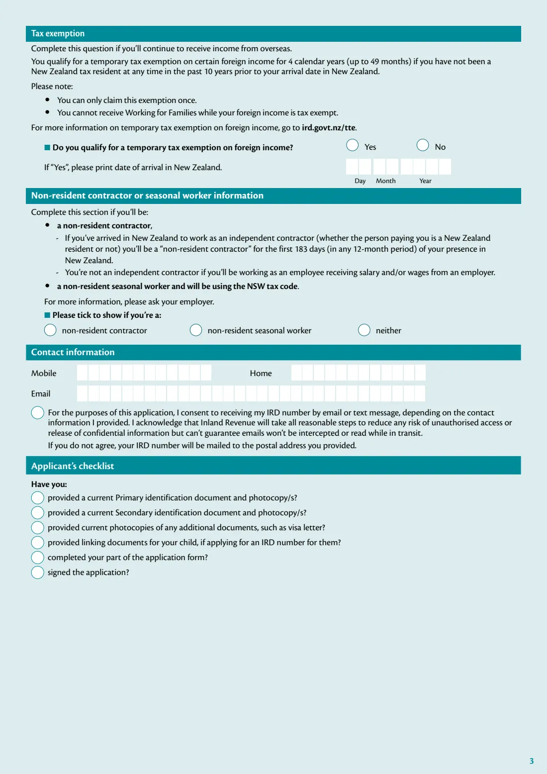 IR595 (IRD number application) (2025) IRD number application - individual currently in New Zealand — page 3 of 4