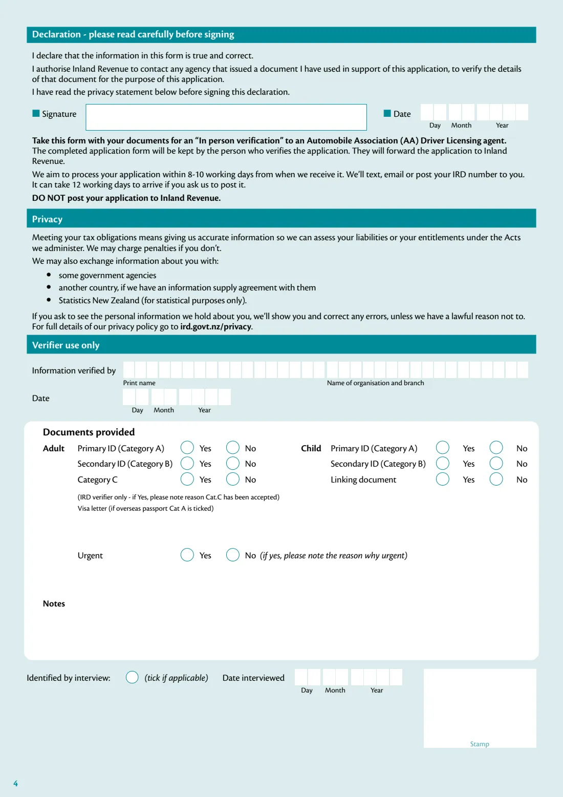 IR595 (IRD number application) (2025) IRD number application - individual currently in New Zealand — page 4 of 4