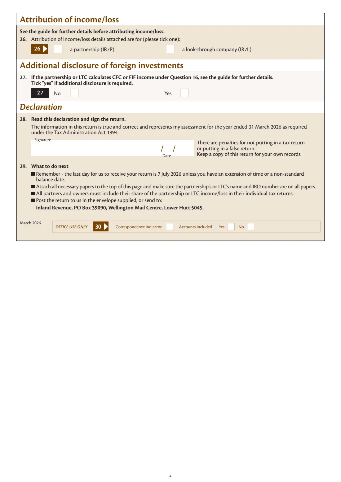 IR7 Partnership and LTC return 2026 (2026) Income tax return: partnerships and look-through companies (LTCs) 2026 (1 April 2025 to 31 March 2026) — page 4 of 4