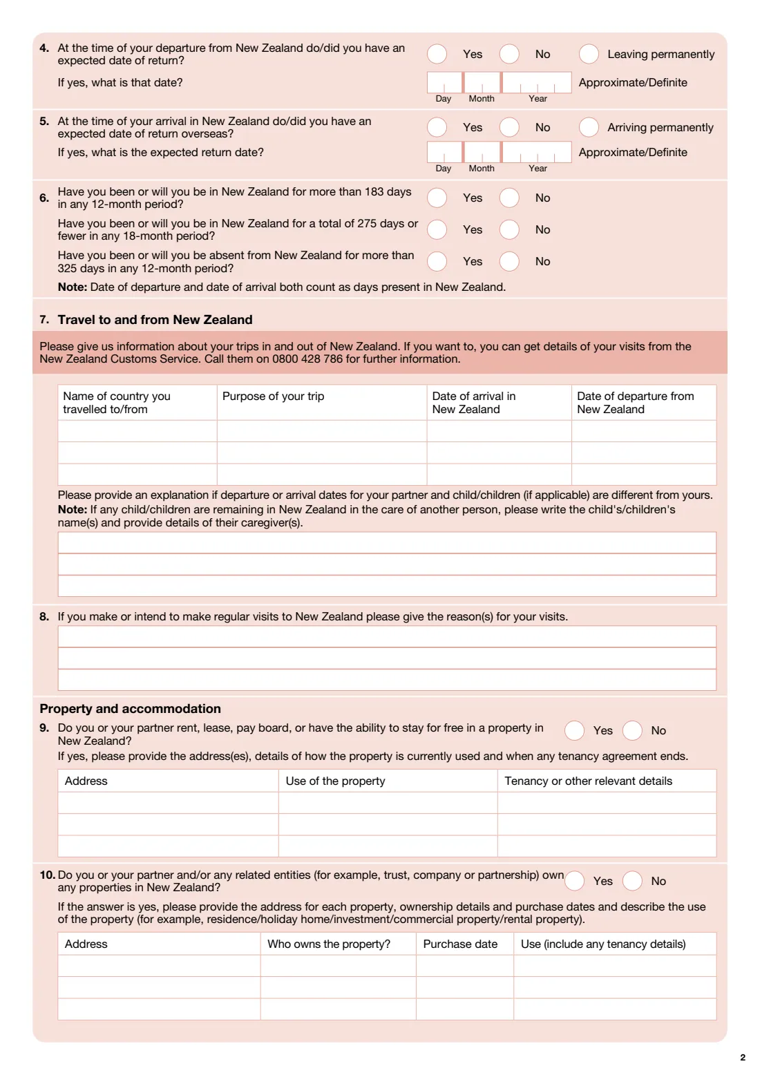 IR886 New Zealand tax residence questionnaire (2026) New Zealand tax residence questionnaire — page 2 of 4