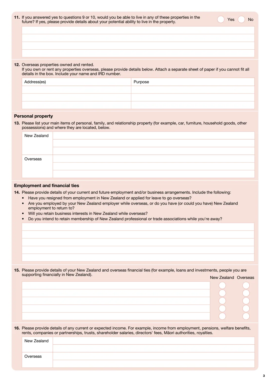 IR886 New Zealand tax residence questionnaire (2026) New Zealand tax residence questionnaire — page 3 of 4