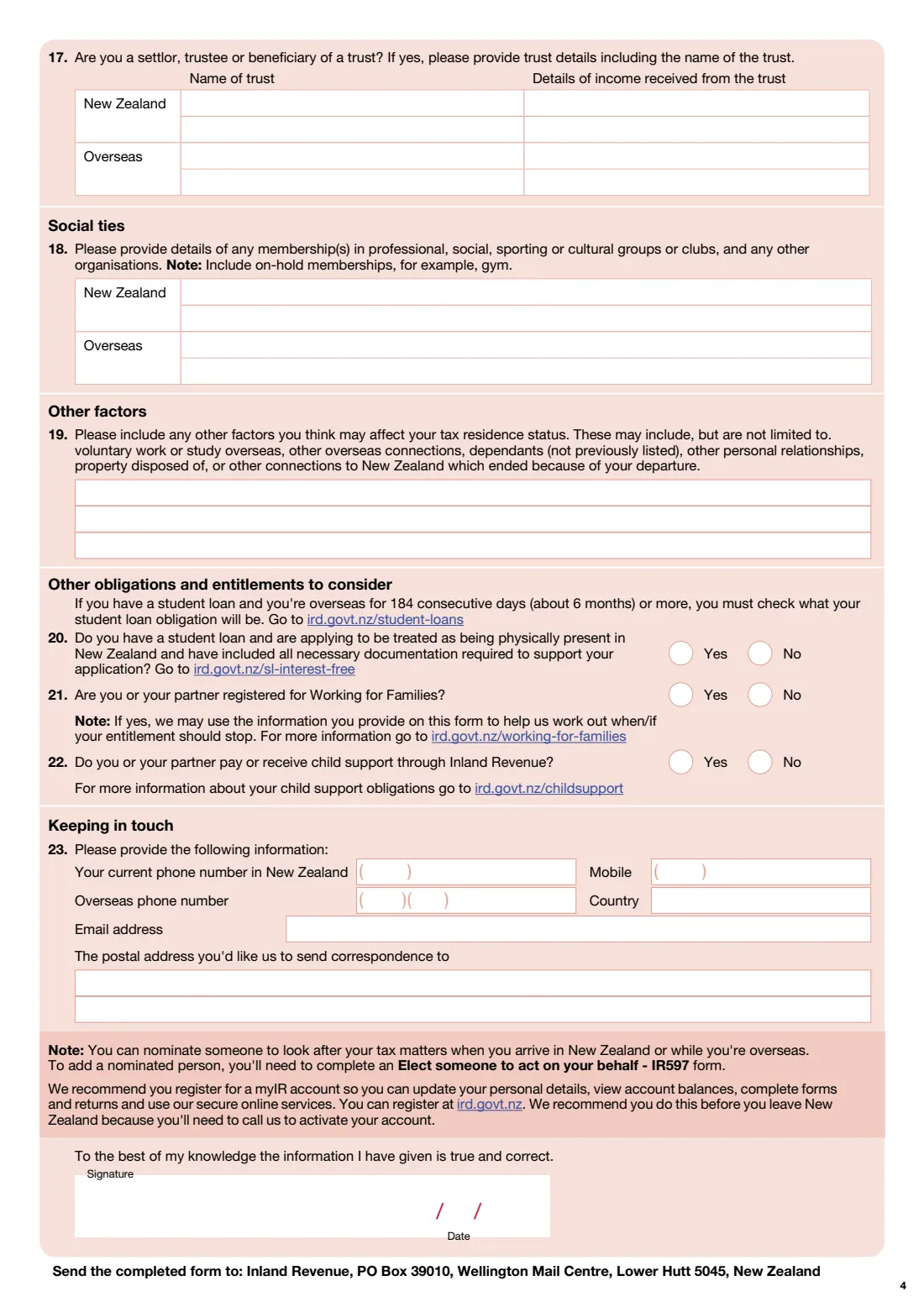 IR886 New Zealand tax residence questionnaire (2026) New Zealand tax residence questionnaire — page 4 of 4