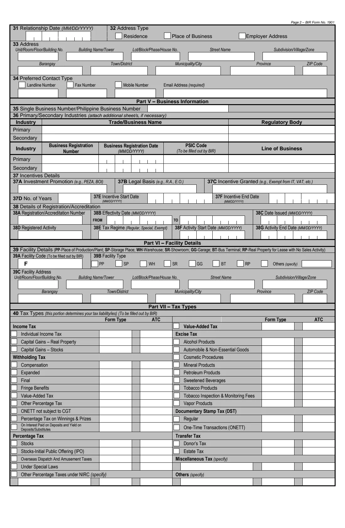 BIR Form 1901 registration (self-employed) (2025) BIR Form 1901 — Application for Registration (Self-Employed, Mixed Income, Estates and Trusts) — page 2 of 4