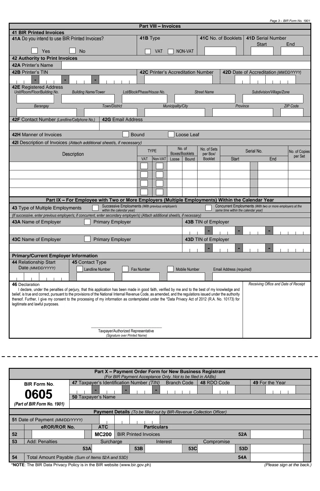 BIR Form 1901 registration (self-employed) (2025) BIR Form 1901 — Application for Registration (Self-Employed, Mixed Income, Estates and Trusts) — page 3 of 4