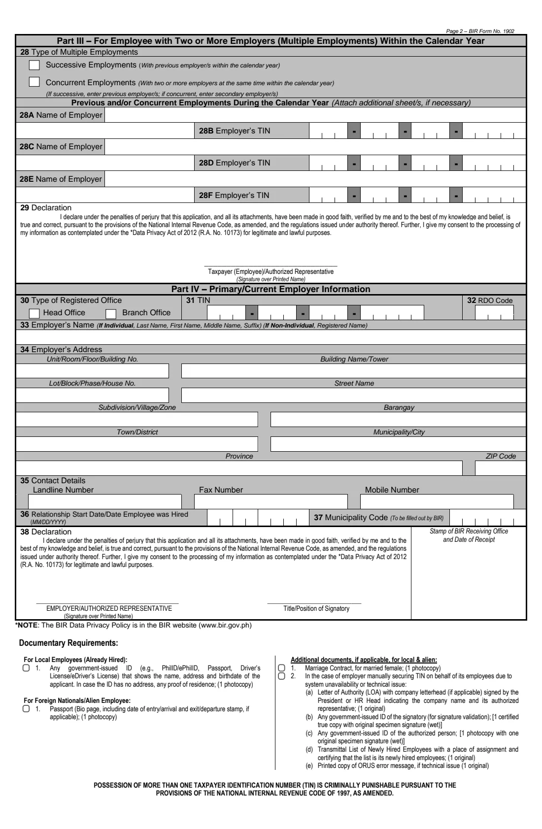 BIR Form 1902 (2025) Application for Registration — For Individuals Earning Purely Compensation Income (Local and Alien Employee) — page 2 of 2