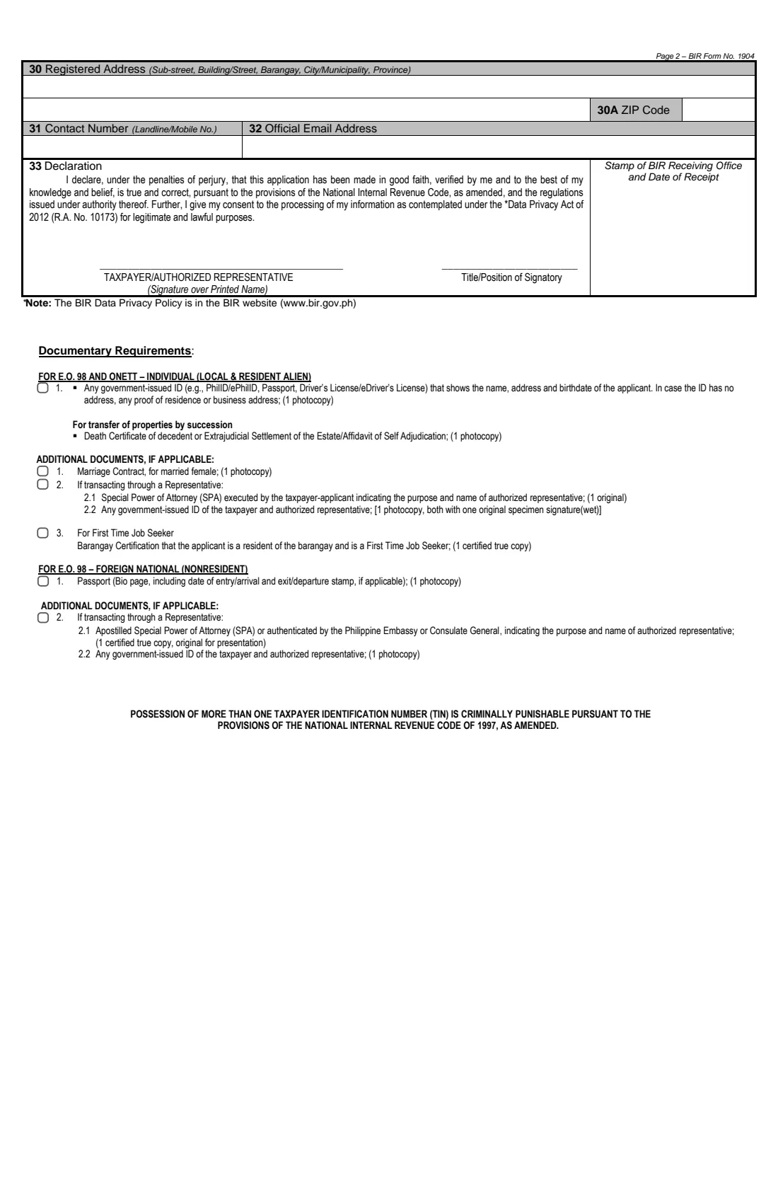 BIR Form 1904 (2025) Application for Registration — For One-time Taxpayer and Person Registering under E.O. 98 (Securing a TIN to be able to transact with any government office) — page 2 of 2