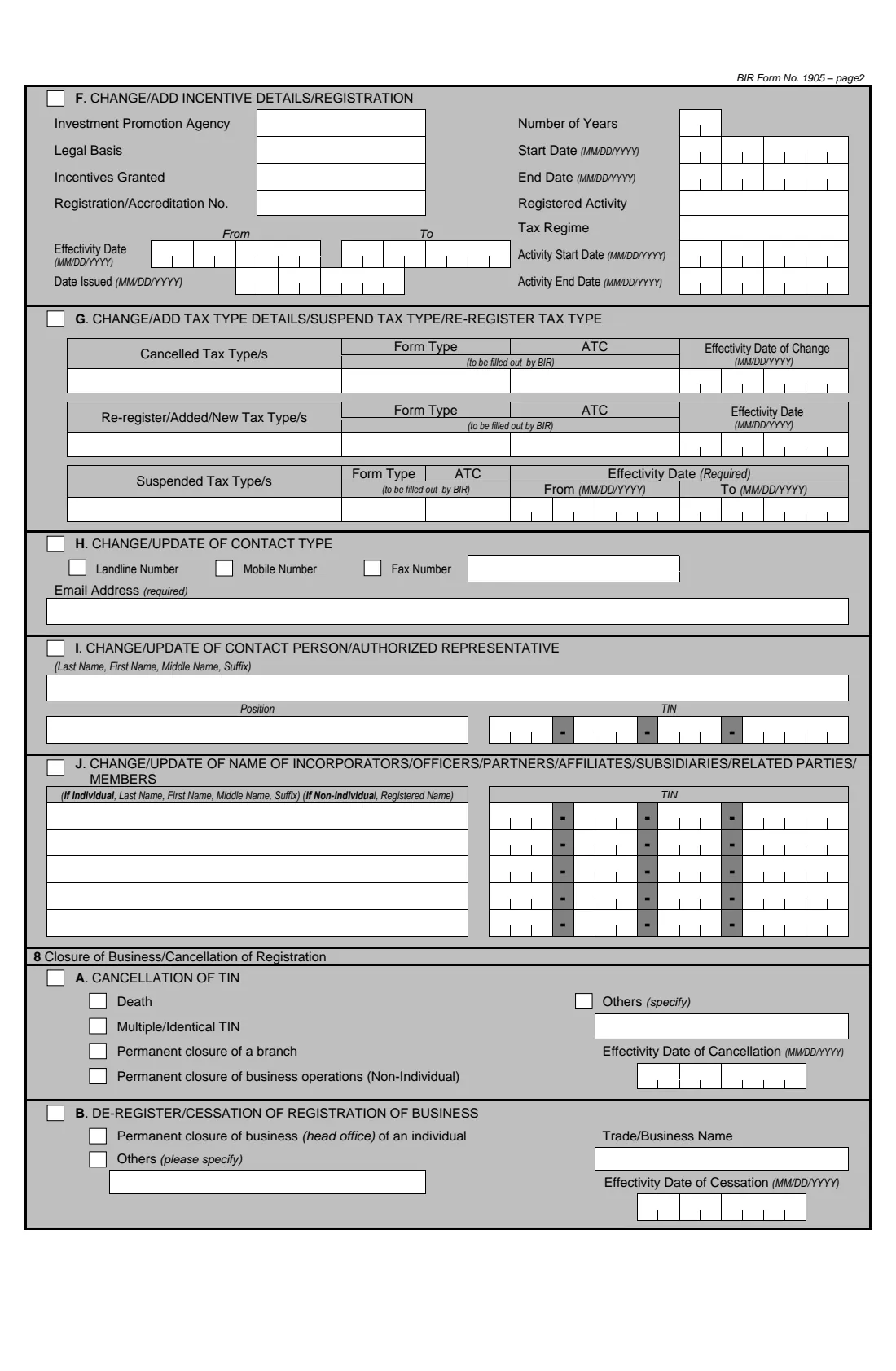BIR Form 1905 (2025) Application for Registration Information Update/Correction/Cancellation — page 2 of 4