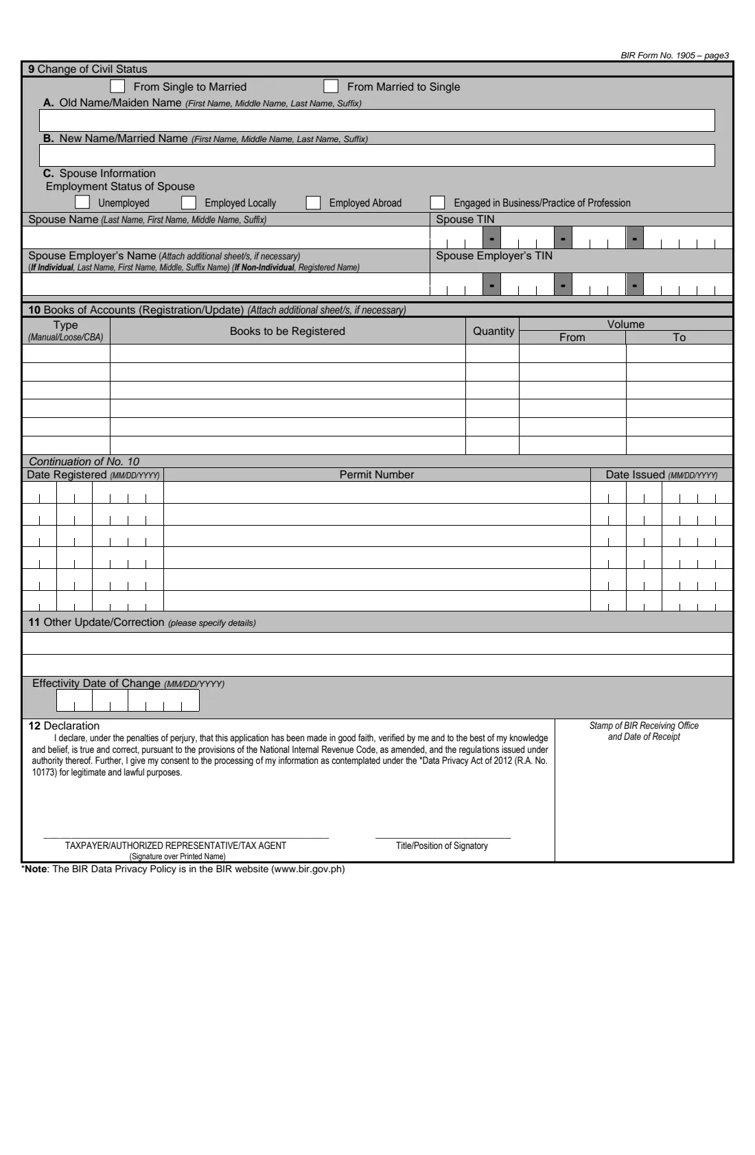 BIR Form 1905 (2025) Application for Registration Information Update/Correction/Cancellation — page 3 of 4