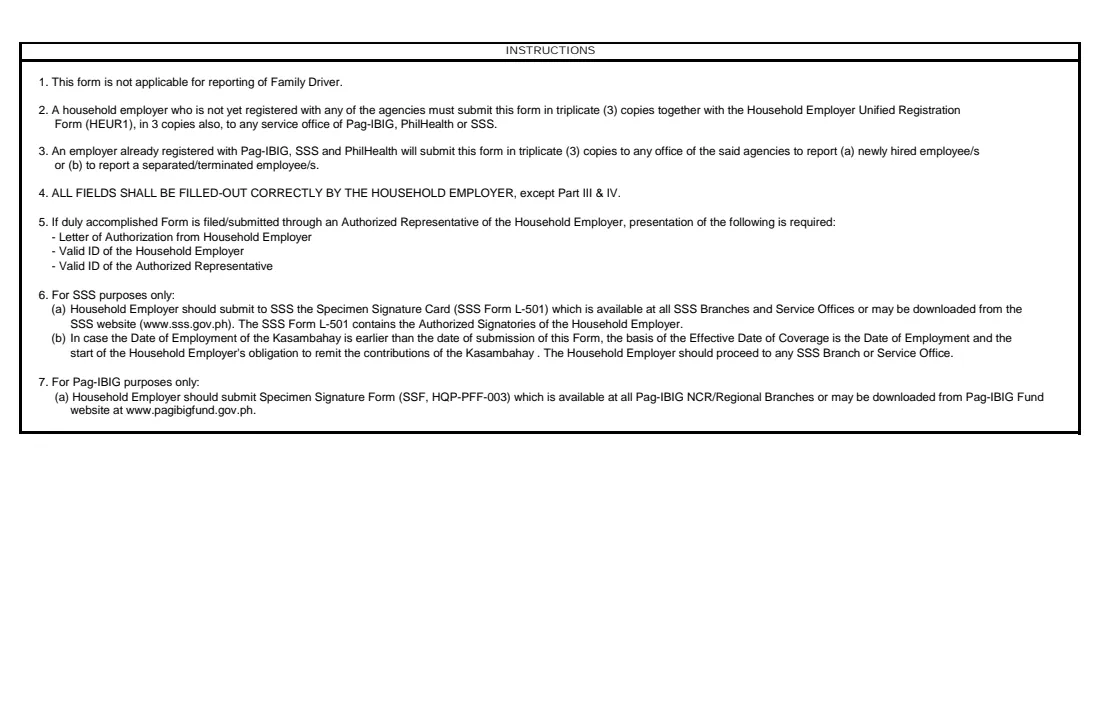 Household Employment Unified Report (PPS-HEUR2) (2013) Household Employment Unified Report Form (Pag-IBIG / PhilHealth / SSS) — page 2 of 2