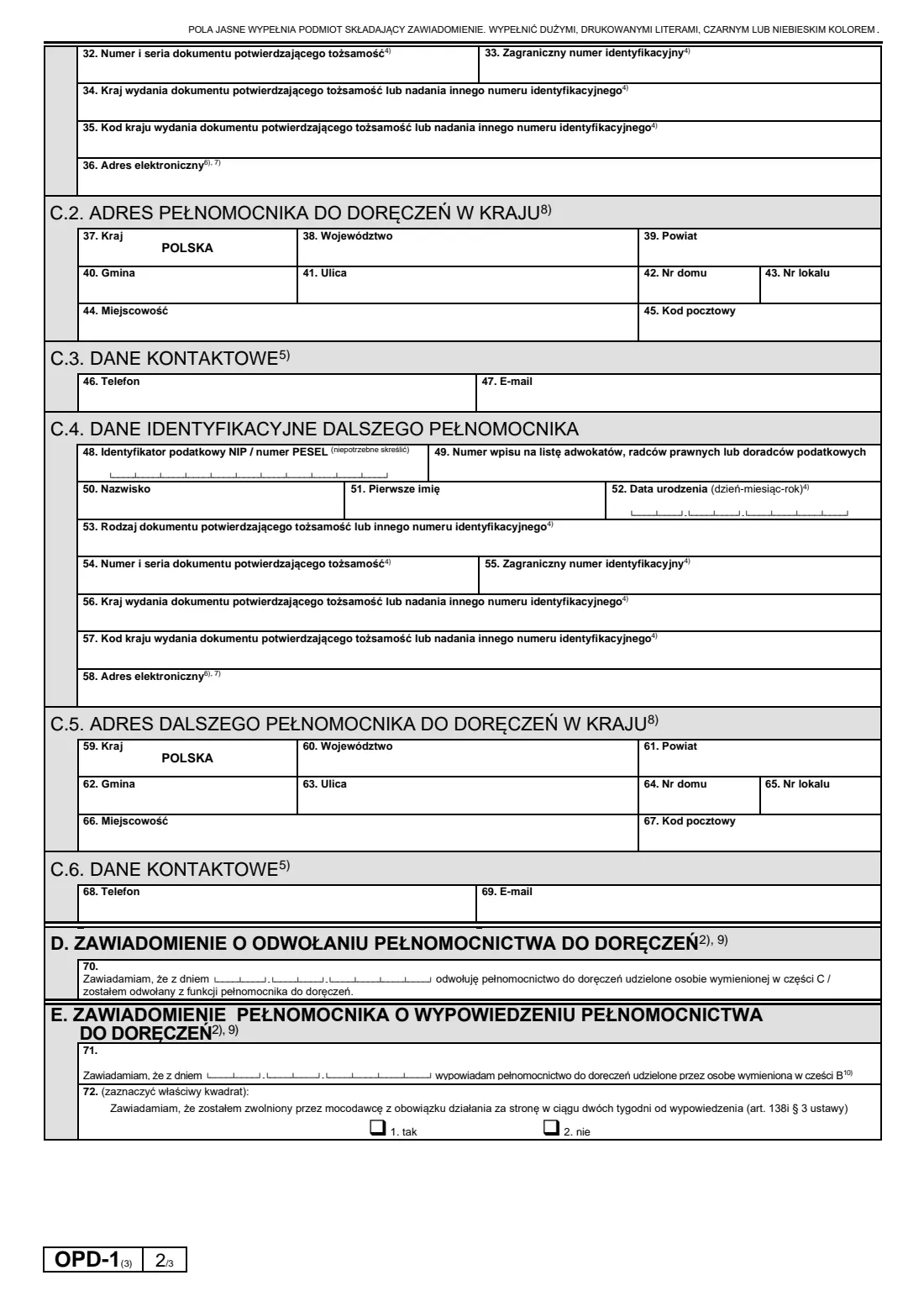 OPD-1 change, revocation or termination of a power of attorney for service (2026) OPD-1 Zawiadomienie o zmianie / odwołaniu / wypowiedzeniu pełnomocnictwa do doręczeń — page 2 of 3