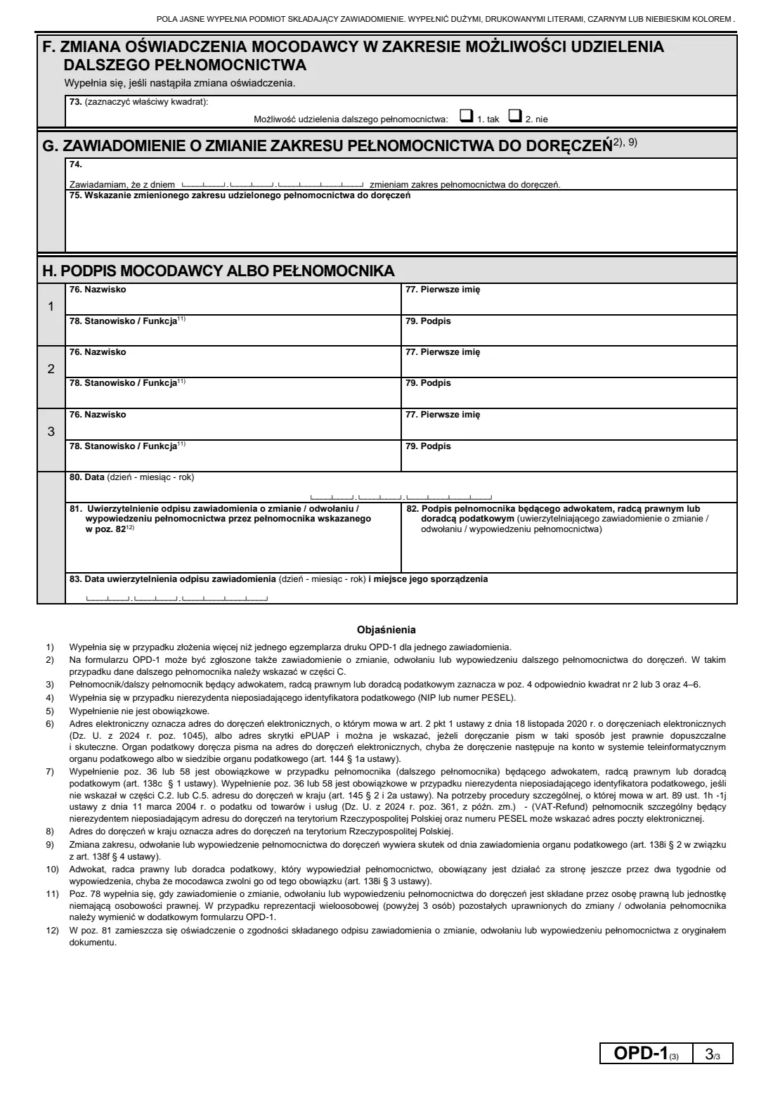 OPD-1 change, revocation or termination of a power of attorney for service (2026) OPD-1 Zawiadomienie o zmianie / odwołaniu / wypowiedzeniu pełnomocnictwa do doręczeń — page 3 of 3