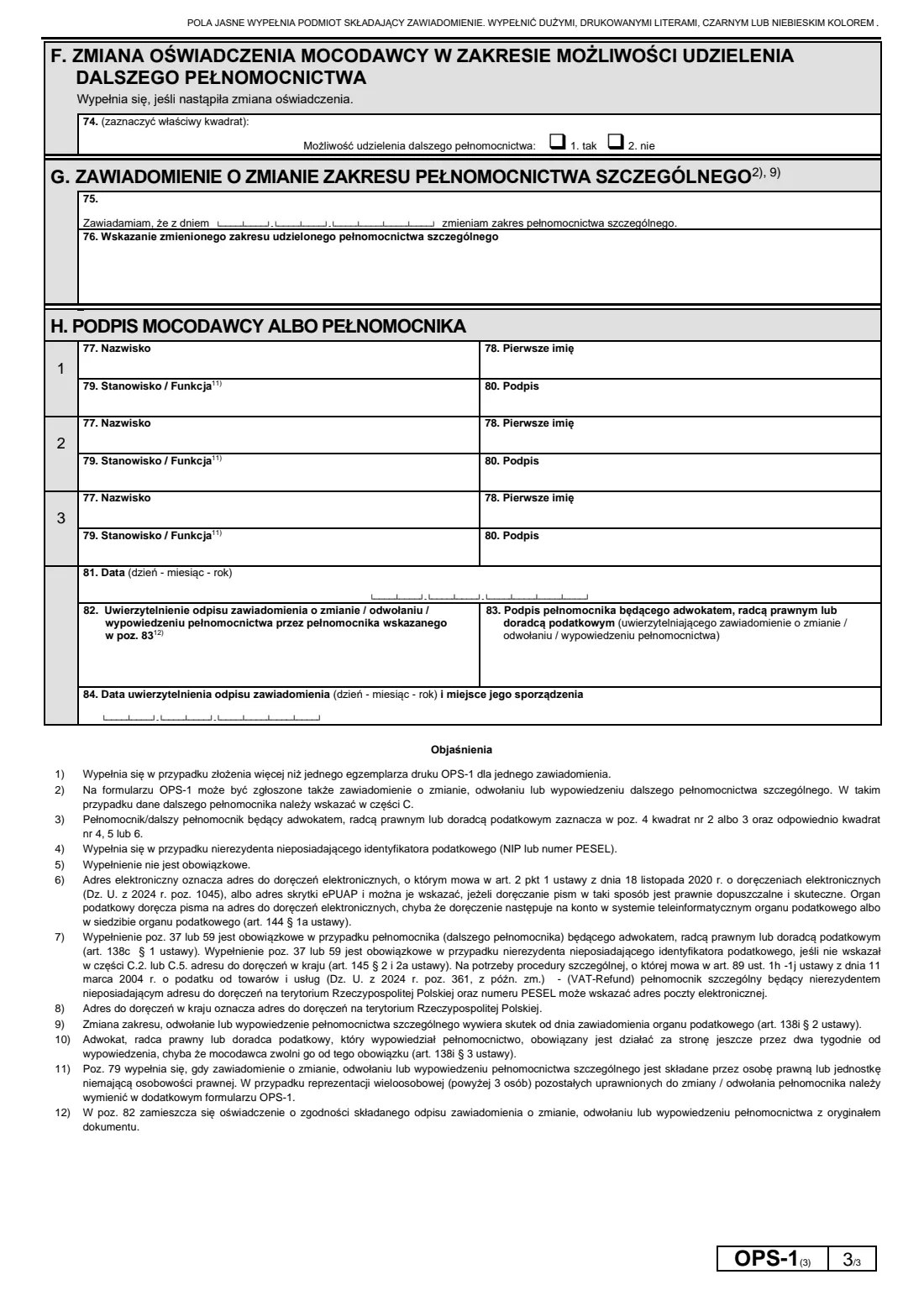 OPS-1 change, revocation or termination of a special tax power of attorney (2026) OPS-1 Zawiadomienie o zmianie / odwołaniu / wypowiedzeniu pełnomocnictwa szczególnego — page 3 of 3
