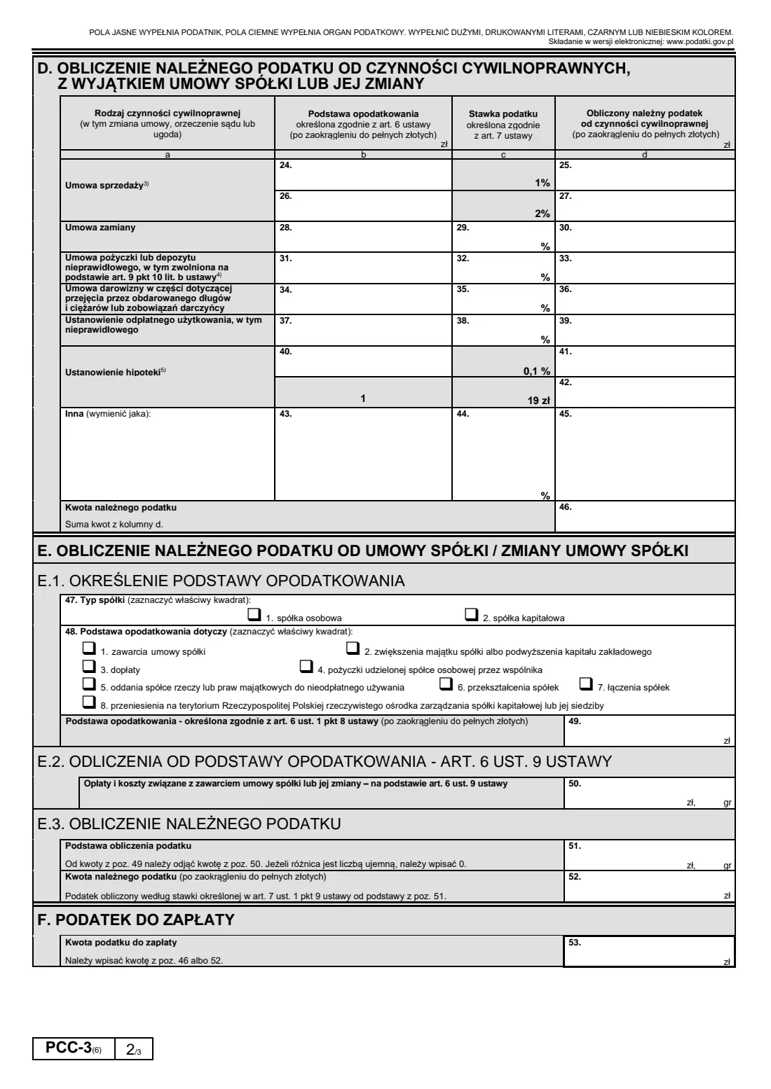 PCC-3 civil-law transactions tax return (2024) Civil-law transactions tax return, e.g. buying a used car (Deklaracja w sprawie podatku od czynności cywilnoprawnych, PCC-3) — page 2 of 3