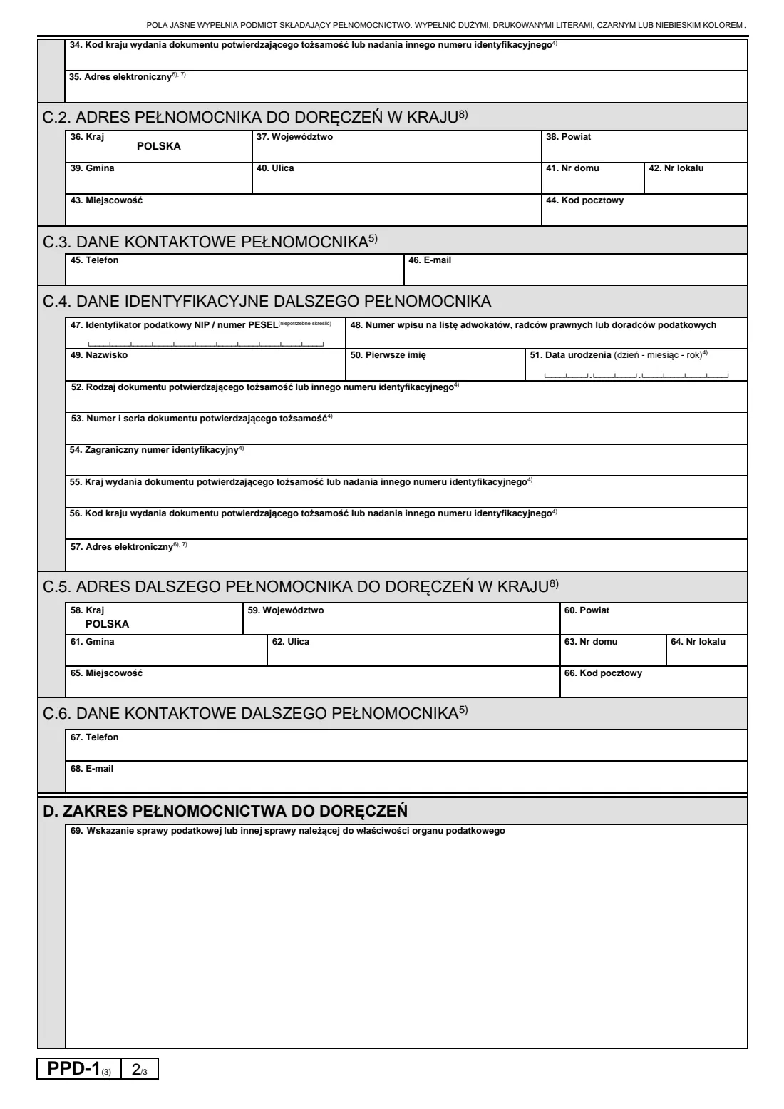 PPD-1 power of attorney for service in a tax matter (2026) PPD-1 Pełnomocnictwo do doręczeń — page 2 of 3