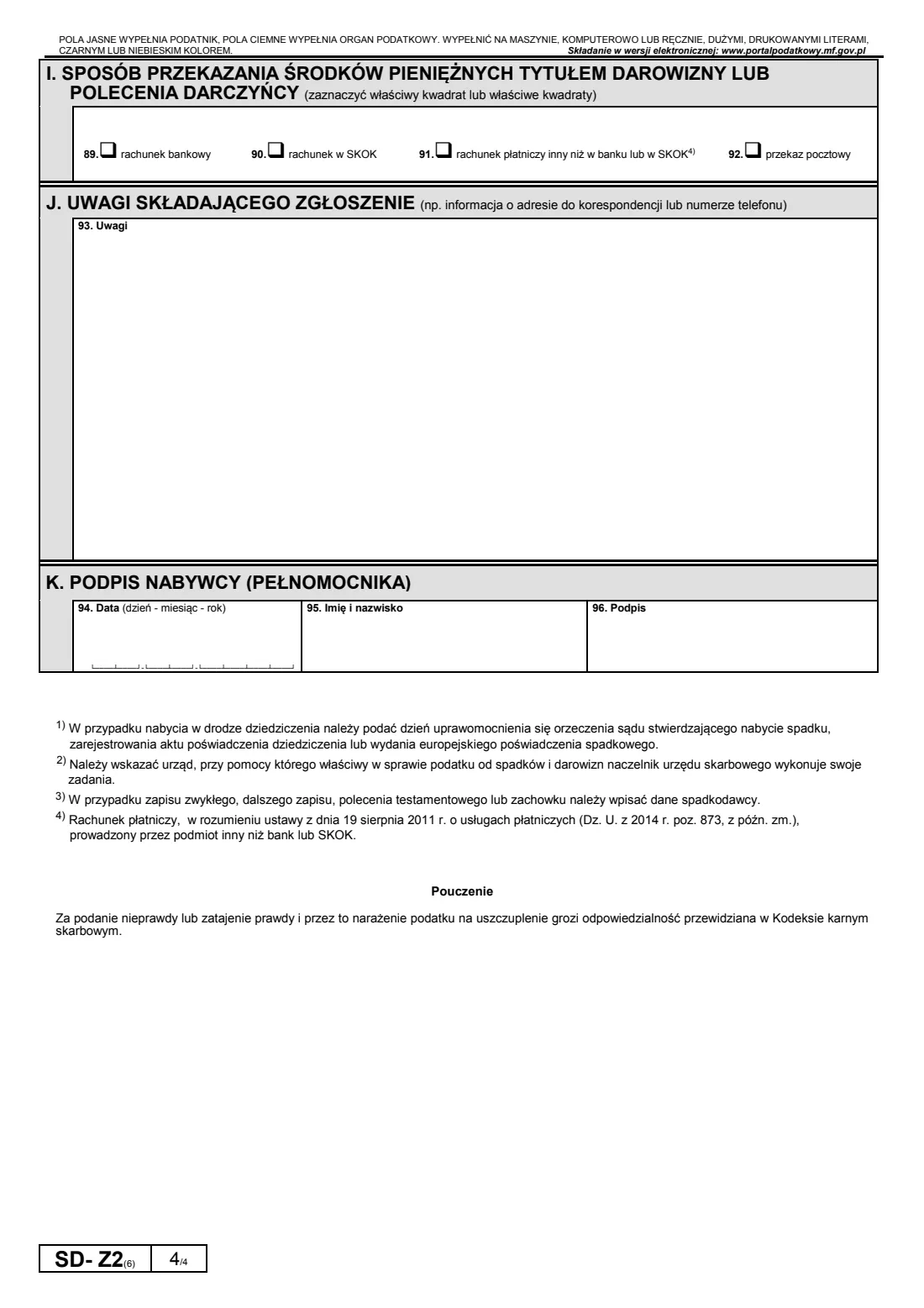 SD-Z2 notification of an inheritance or gift (close family) (2015) Notification of acquiring property by inheritance or gift from close family (Zgłoszenie o nabyciu własności rzeczy lub praw majątkowych, SD-Z2) — page 4 of 4
