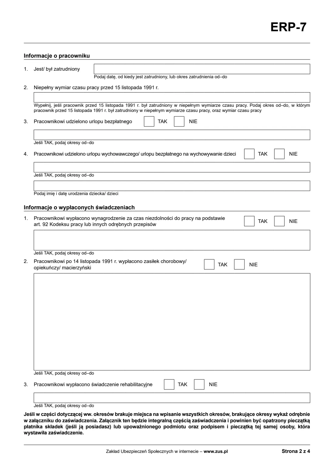 ZUS ERP-7 certificate of employment and pay (2026) ERP-7 Zaświadczenie o zatrudnieniu i wynagrodzeniu (employer's certificate of employment and pay, for a pension claim) — page 2 of 10