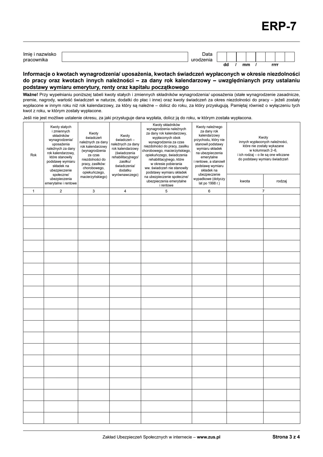 ZUS ERP-7 certificate of employment and pay (2026) ERP-7 Zaświadczenie o zatrudnieniu i wynagrodzeniu (employer's certificate of employment and pay, for a pension claim) — page 3 of 10