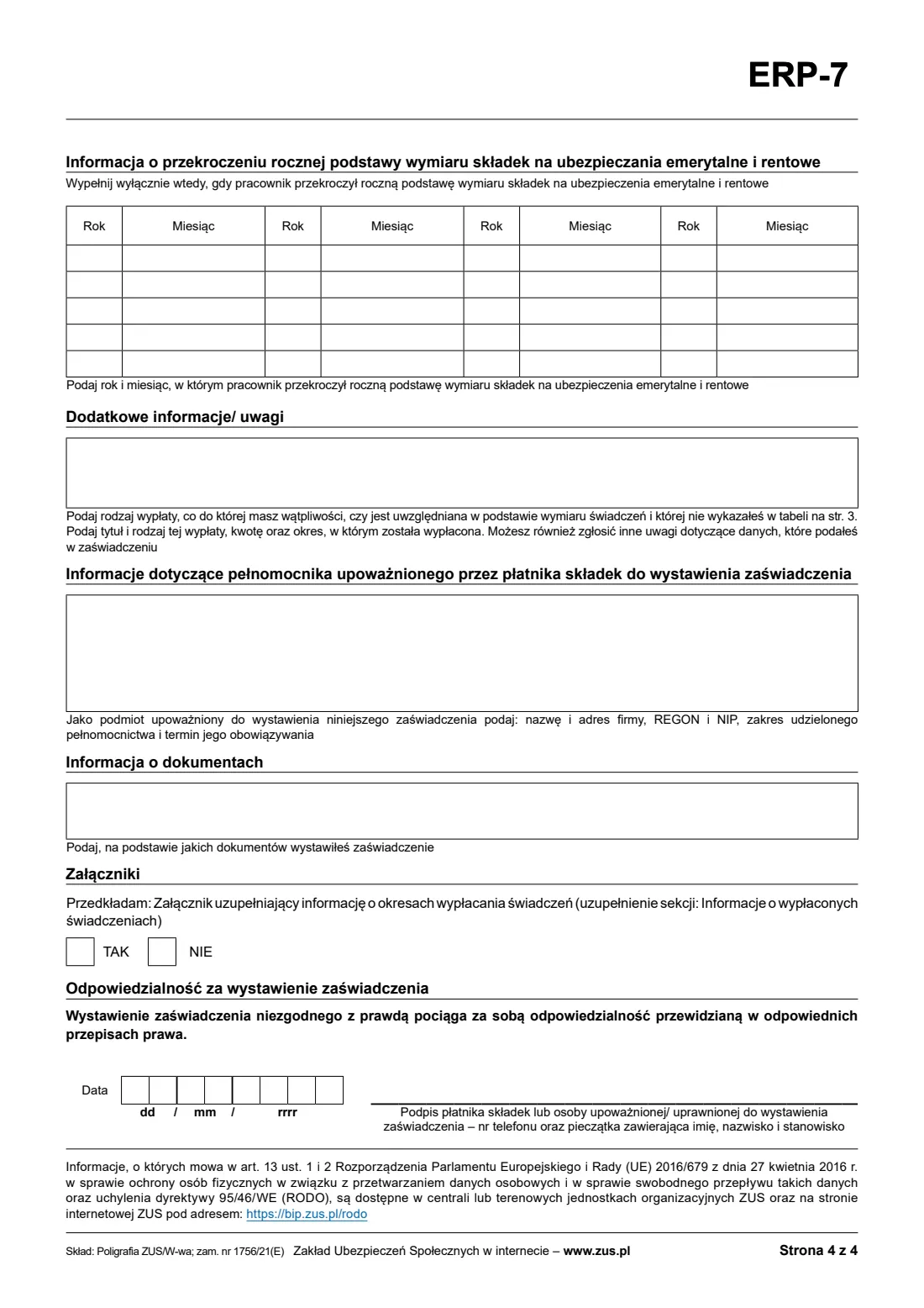 ZUS ERP-7 certificate of employment and pay (2026) ERP-7 Zaświadczenie o zatrudnieniu i wynagrodzeniu (employer's certificate of employment and pay, for a pension claim) — page 4 of 10