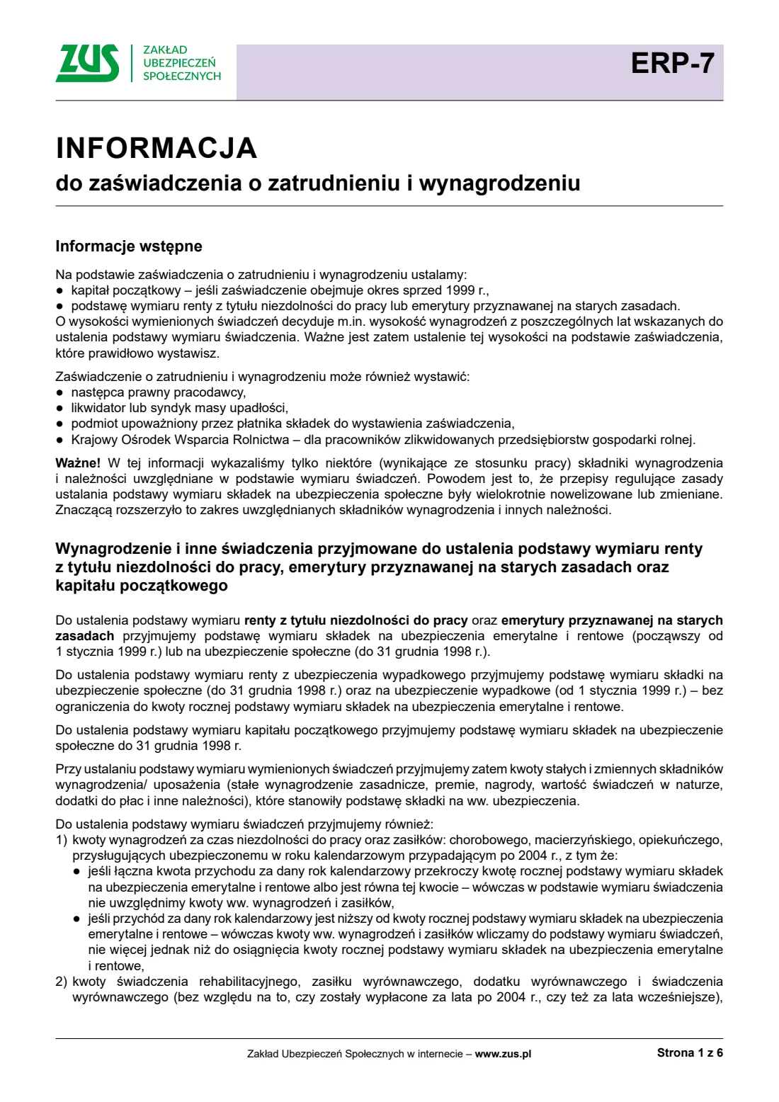ZUS ERP-7 certificate of employment and pay (2026) ERP-7 Zaświadczenie o zatrudnieniu i wynagrodzeniu (employer's certificate of employment and pay, for a pension claim) — page 5 of 10