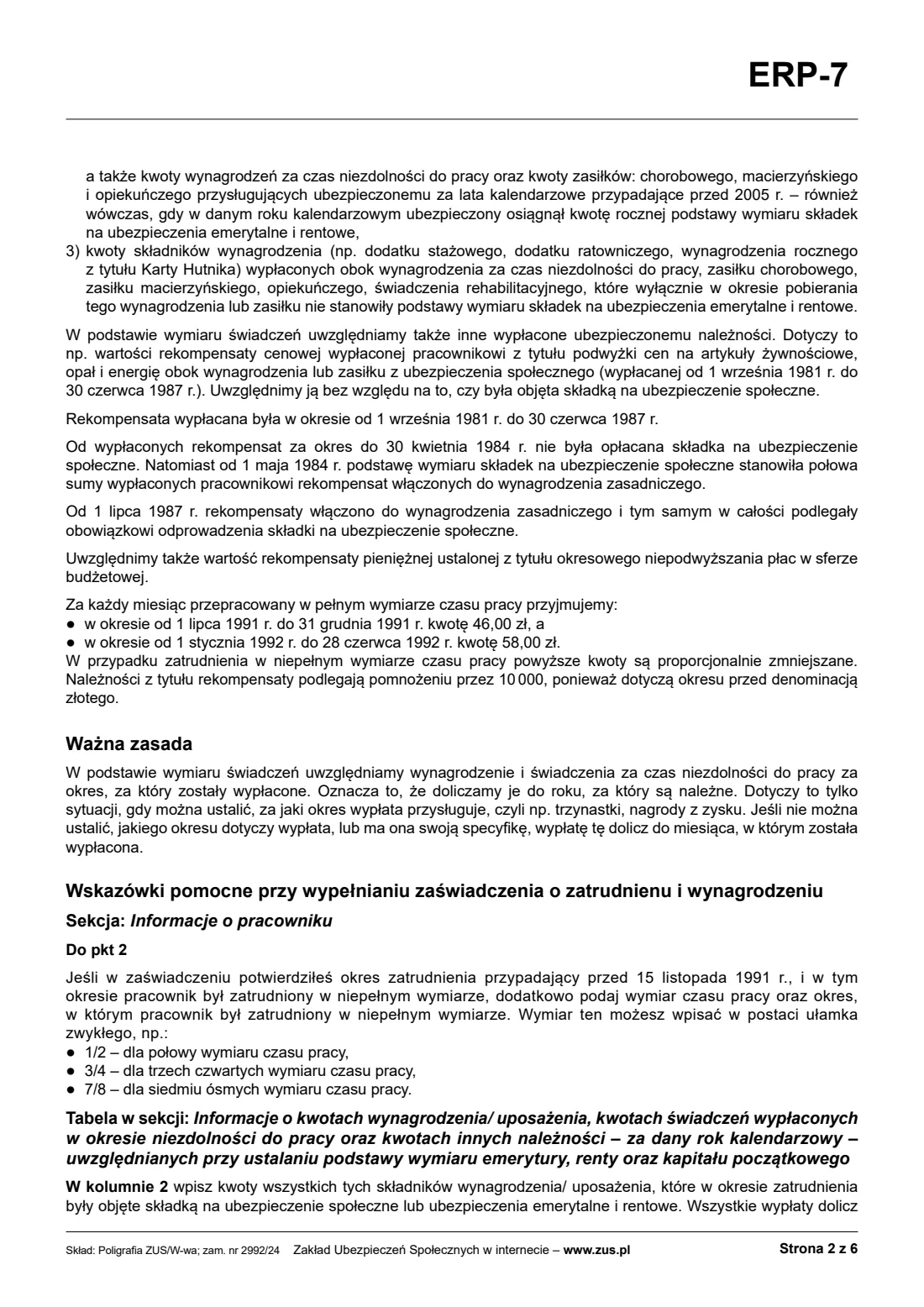 ZUS ERP-7 certificate of employment and pay (2026) ERP-7 Zaświadczenie o zatrudnieniu i wynagrodzeniu (employer's certificate of employment and pay, for a pension claim) — page 6 of 10