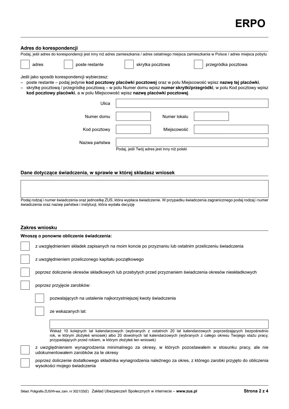 ZUS ERPO pension recalculation request (2026) Wniosek o ponowne obliczenie świadczenia emerytalno-rentowego (ERPO) — page 2 of 4