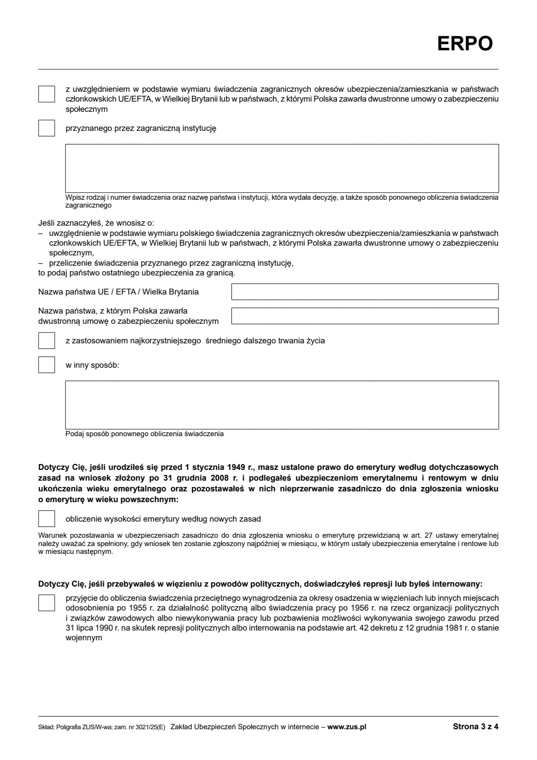 ZUS ERPO pension recalculation request (2026) Wniosek o ponowne obliczenie świadczenia emerytalno-rentowego (ERPO) — page 3 of 4