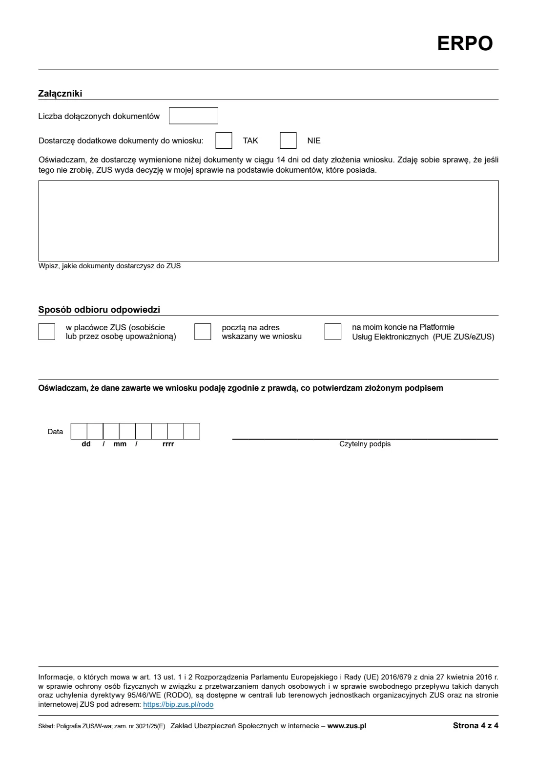 ZUS ERPO pension recalculation request (2026) Wniosek o ponowne obliczenie świadczenia emerytalno-rentowego (ERPO) — page 4 of 4