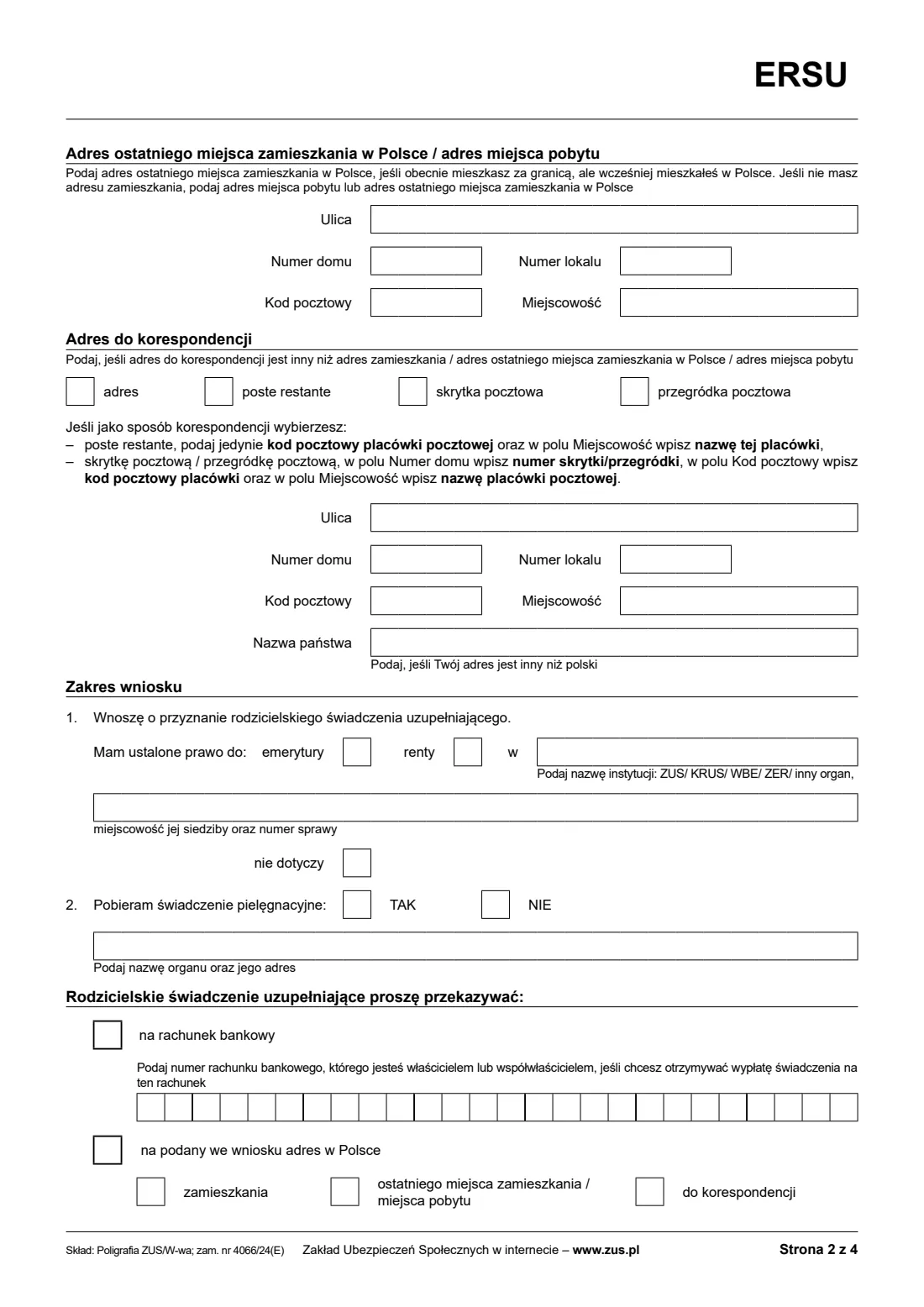 ZUS ERSU (Mama 4+) (2025) ERSU Wniosek o rodzicielskie świadczenie uzupełniające (claim for the parental supplementary benefit, Mama 4+) — page 2 of 4