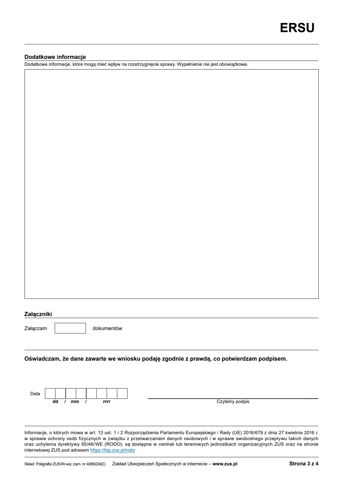 ZUS ERSU (Mama 4+) (2025) ERSU Wniosek o rodzicielskie świadczenie uzupełniające (claim for the parental supplementary benefit, Mama 4+) — page 3 of 4