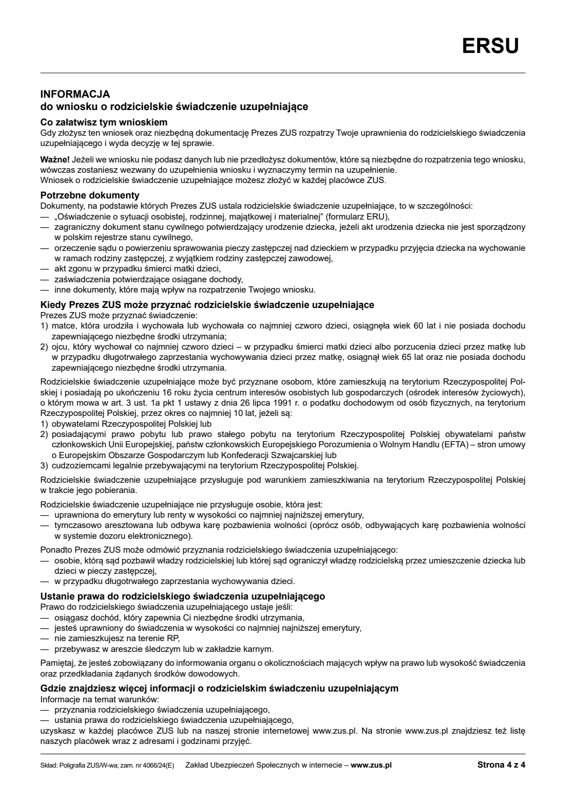 ZUS ERSU (Mama 4+) (2025) ERSU Wniosek o rodzicielskie świadczenie uzupełniające (claim for the parental supplementary benefit, Mama 4+) — page 4 of 4