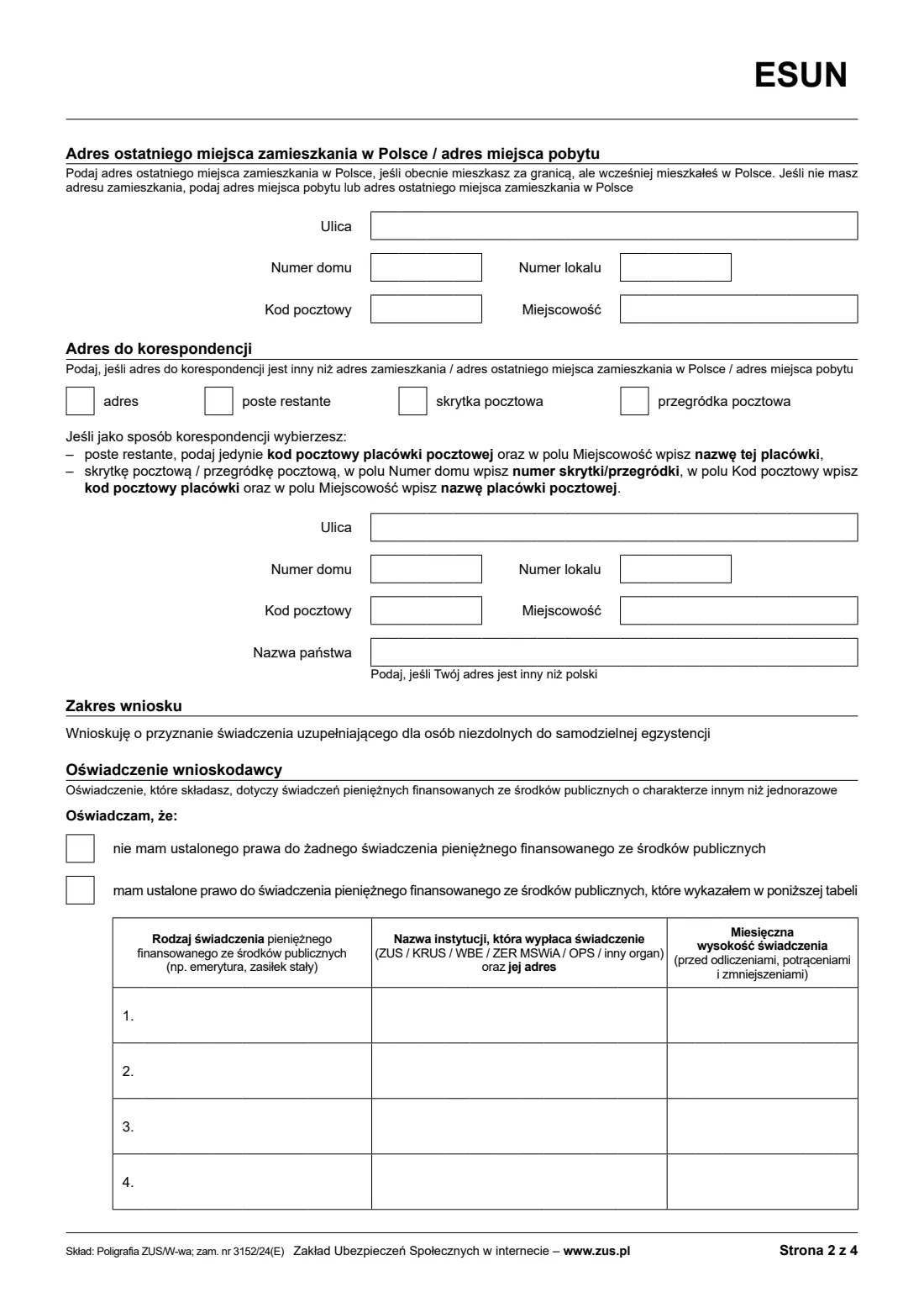 ZUS ESUN supplementary benefit claim (2024) Wniosek o świadczenie uzupełniające dla osób niezdolnych do samodzielnej egzystencji (ESUN) — page 2 of 6