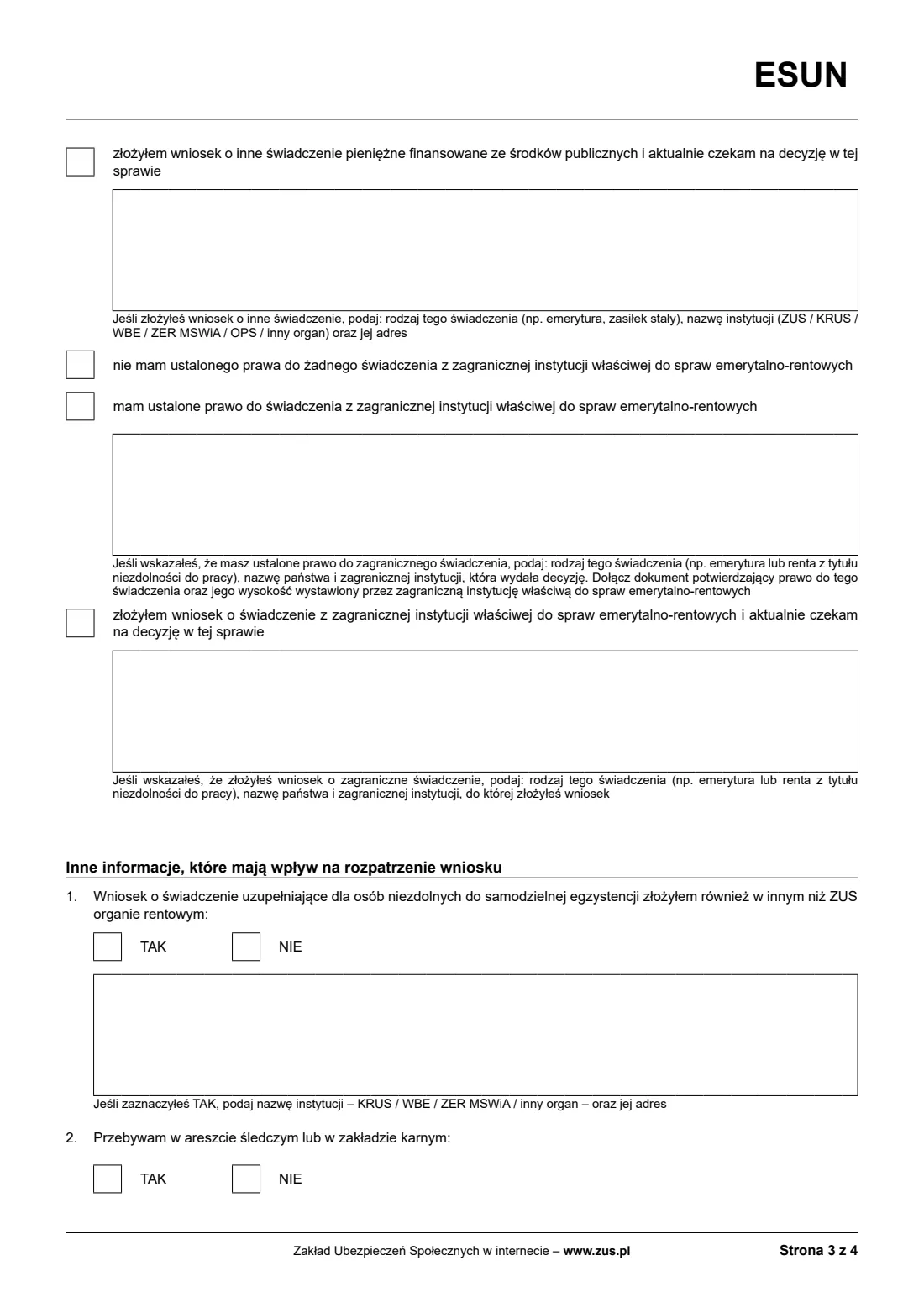 ZUS ESUN supplementary benefit claim (2024) Wniosek o świadczenie uzupełniające dla osób niezdolnych do samodzielnej egzystencji (ESUN) — page 3 of 6