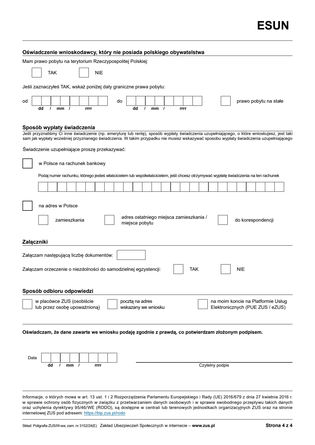 ZUS ESUN supplementary benefit claim (2024) Wniosek o świadczenie uzupełniające dla osób niezdolnych do samodzielnej egzystencji (ESUN) — page 4 of 6