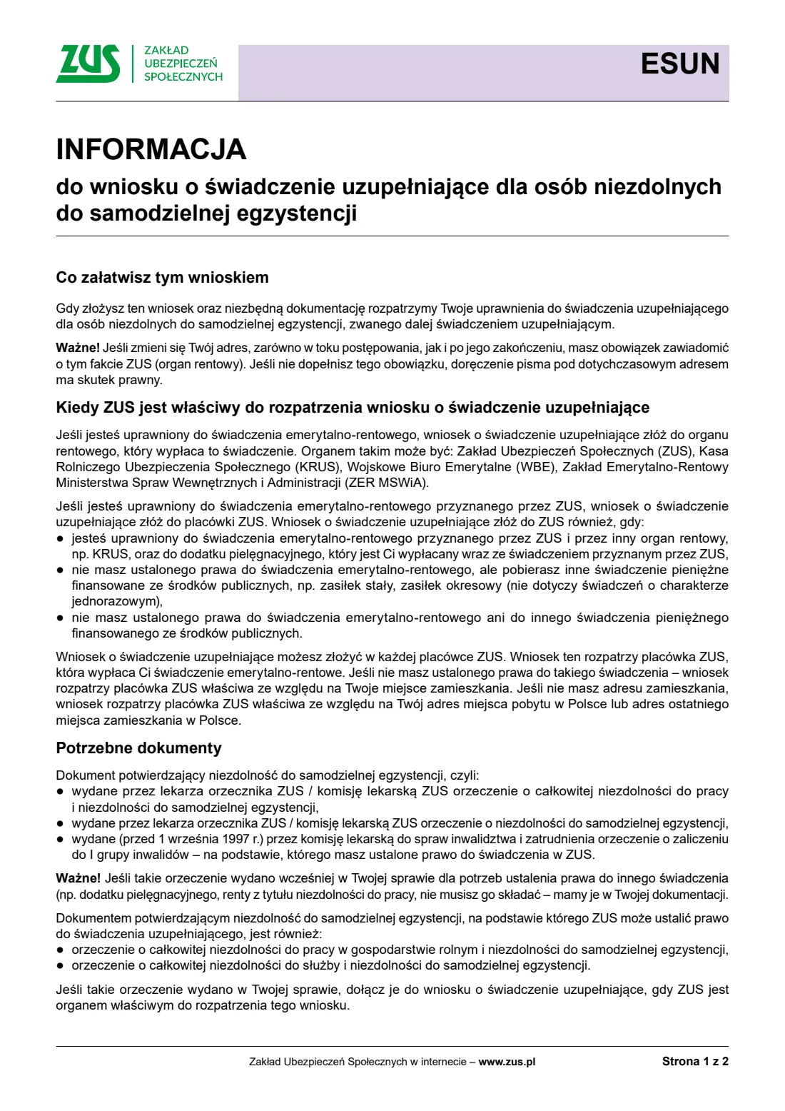 ZUS ESUN supplementary benefit claim (2024) Wniosek o świadczenie uzupełniające dla osób niezdolnych do samodzielnej egzystencji (ESUN) — page 5 of 6