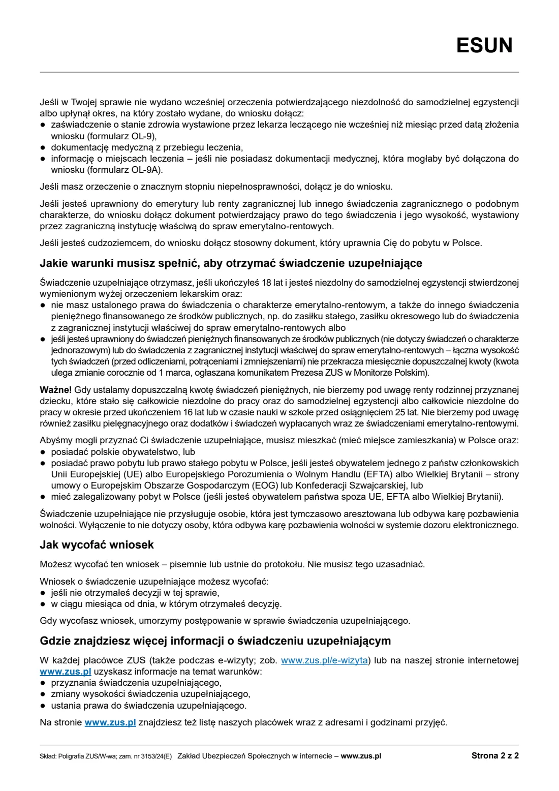 ZUS ESUN supplementary benefit claim (2024) Wniosek o świadczenie uzupełniające dla osób niezdolnych do samodzielnej egzystencji (ESUN) — page 6 of 6