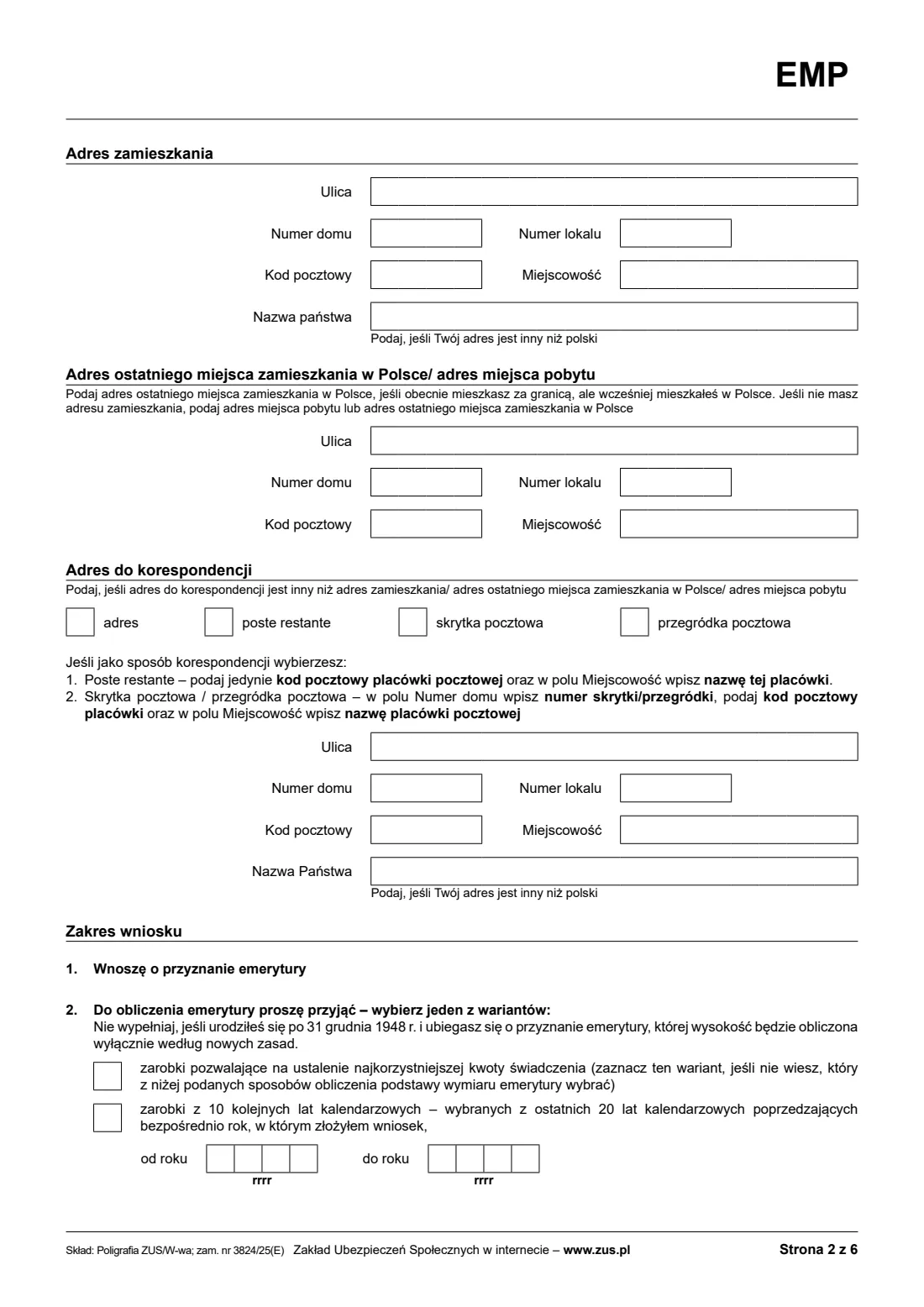 ZUS EMP / Rp-1E old-age pension claim (2026) Wniosek o emeryturę (EMP, dawniej ZUS Rp-1E) — page 2 of 6