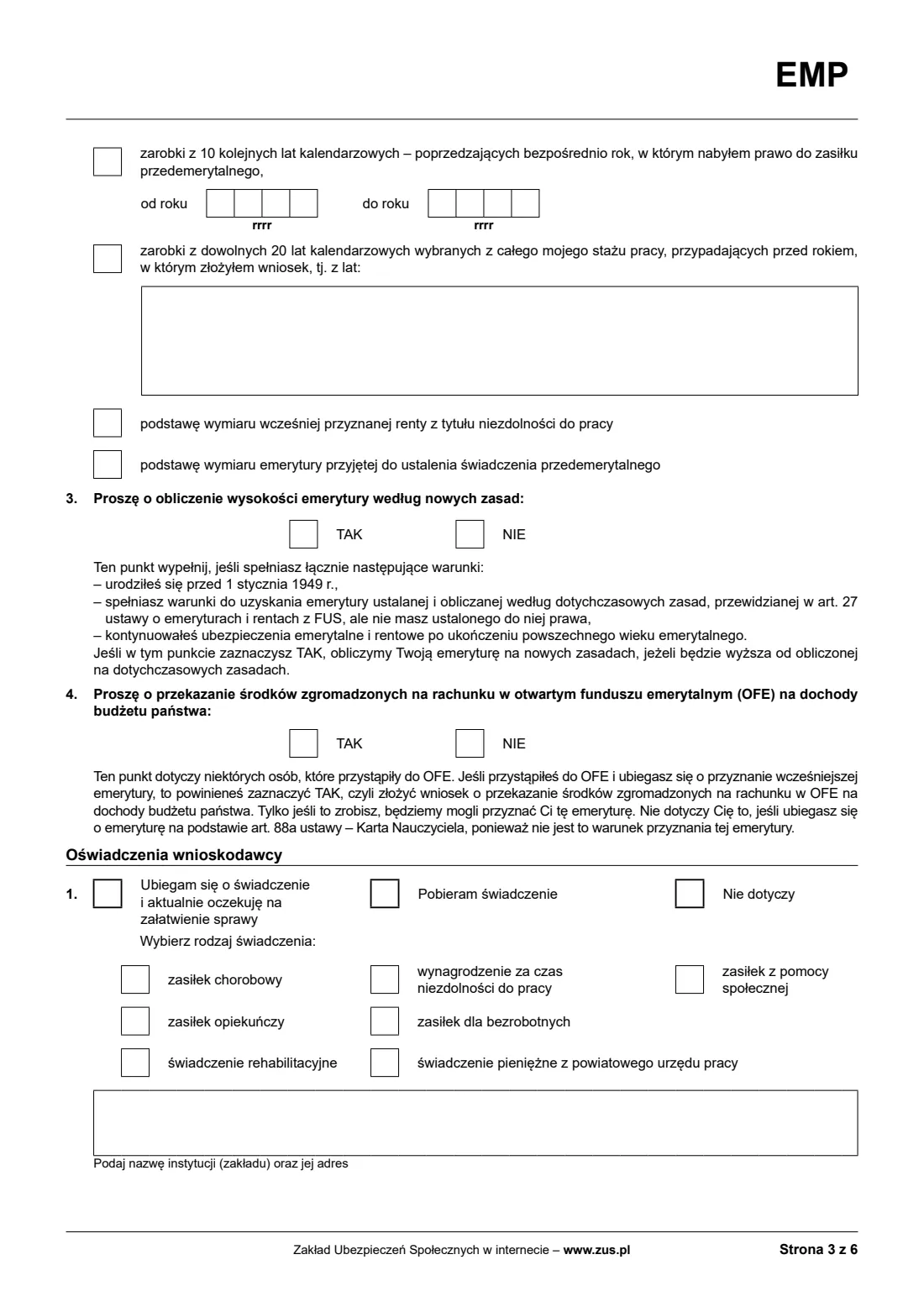 ZUS EMP / Rp-1E old-age pension claim (2026) Wniosek o emeryturę (EMP, dawniej ZUS Rp-1E) — page 3 of 6