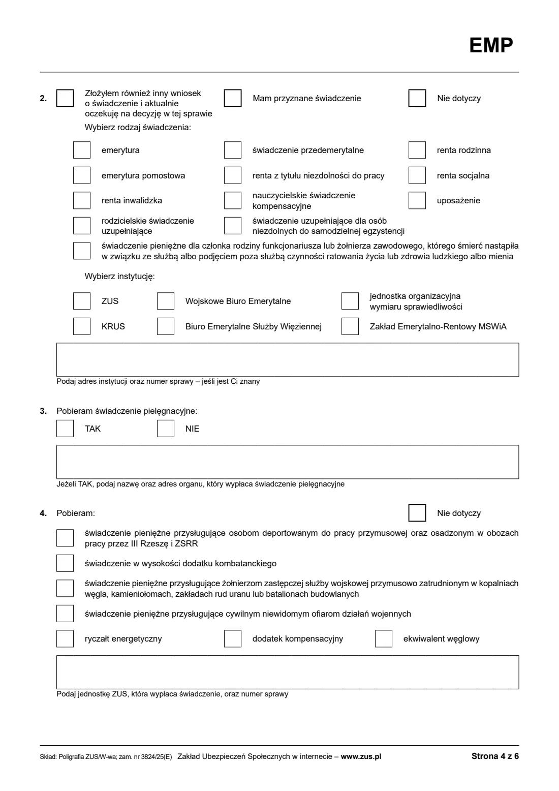ZUS EMP / Rp-1E old-age pension claim (2026) Wniosek o emeryturę (EMP, dawniej ZUS Rp-1E) — page 4 of 6